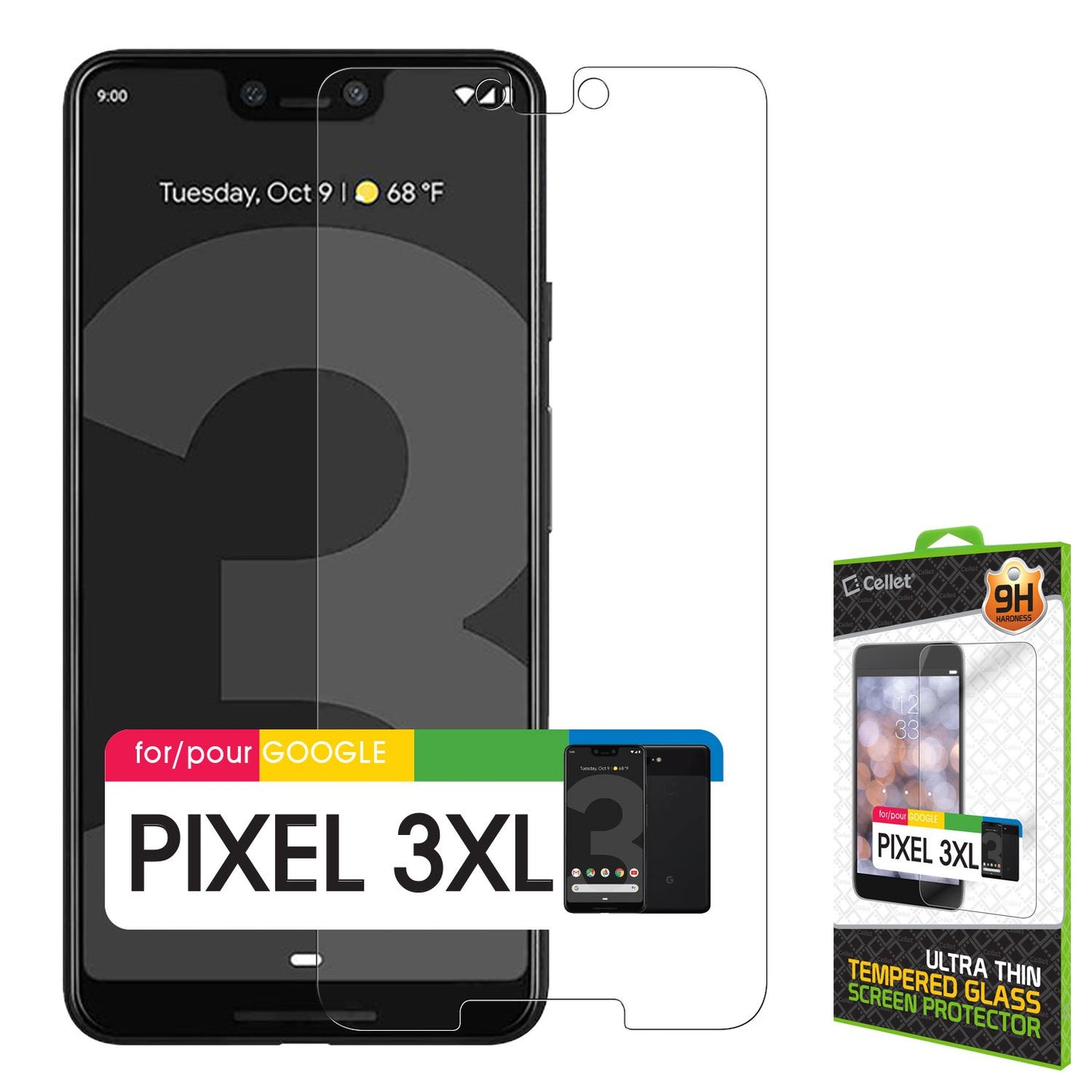 SGGOOPK3XL - Google Pixel 3 XL, Cellet 0.3mm Premium Tempered Glass Screen Protector for Google Pixel 3 XL (9H Hardness)