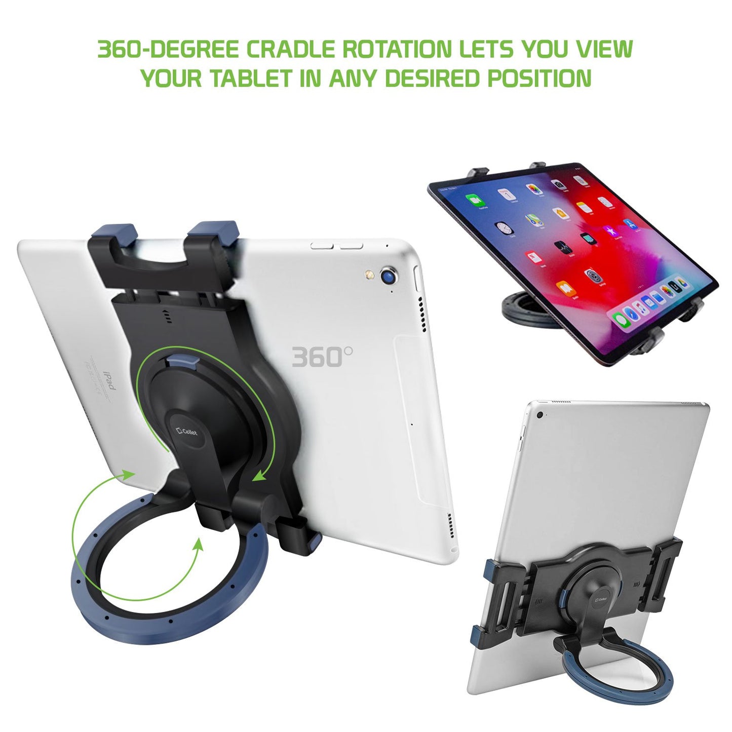 PHTAB5003 - 3-in-1 Tablet Holder Combo, Heavy Duty Desktop, Portable Stand and Headrest Holder with 360 Degree Rotation for iPads and Tablets