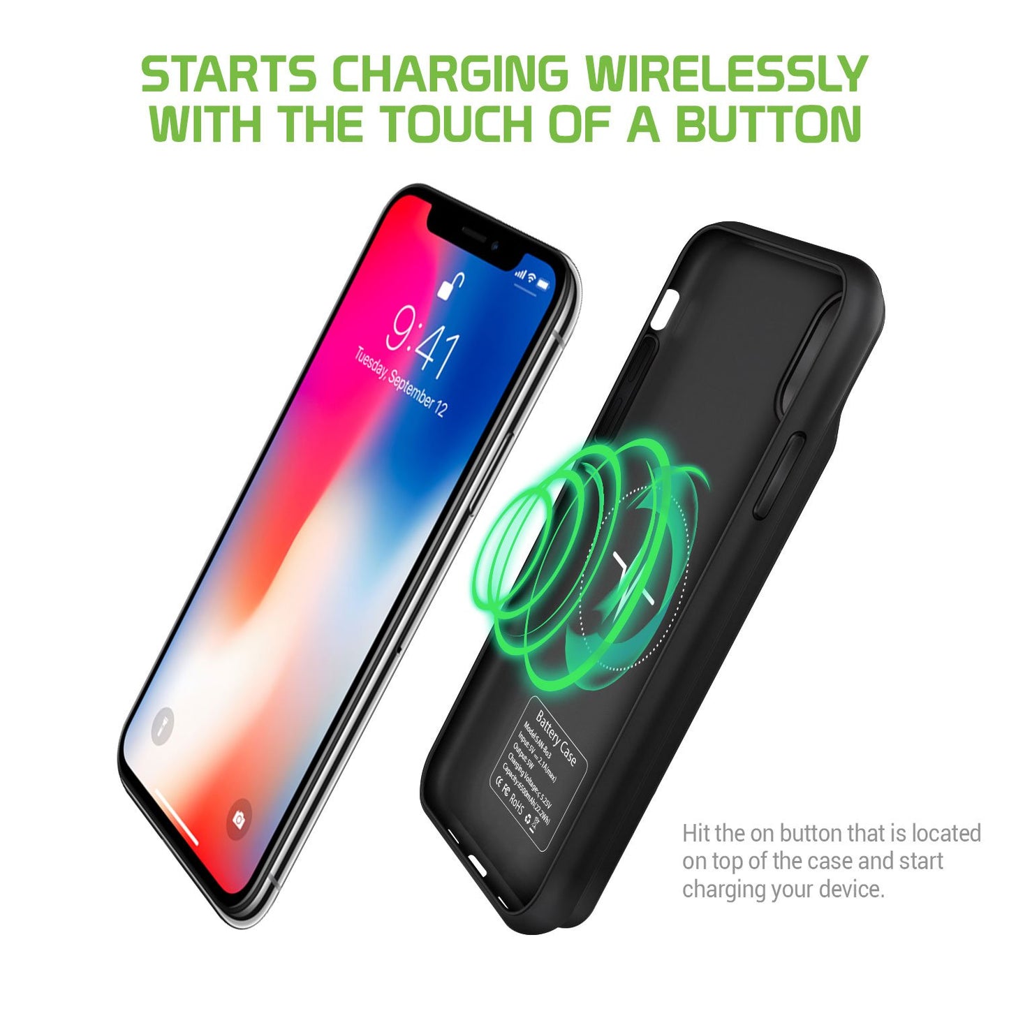 BWIPHXS - iPhone XS Wireless Charging Case, Rechargeable External Wireless Power Case for Apple iPhone XS - Black