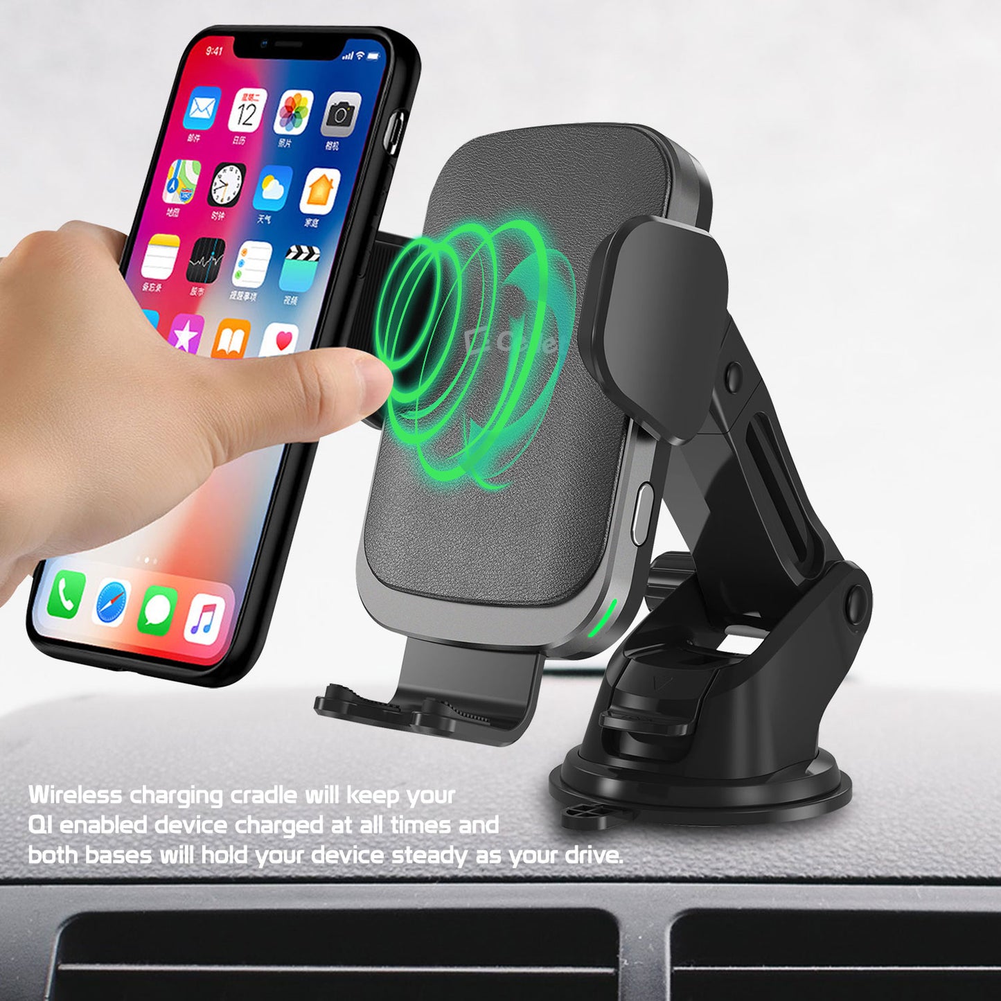 Fast Wireless Charging Phone Holder Mount with Touch Release and Lock Cradle, Reusable Sticky Suction Cup for Dashboard and Air Vent Compatible to iPhone Galaxy Z Flip, Z Fold, Google Pixel Moto