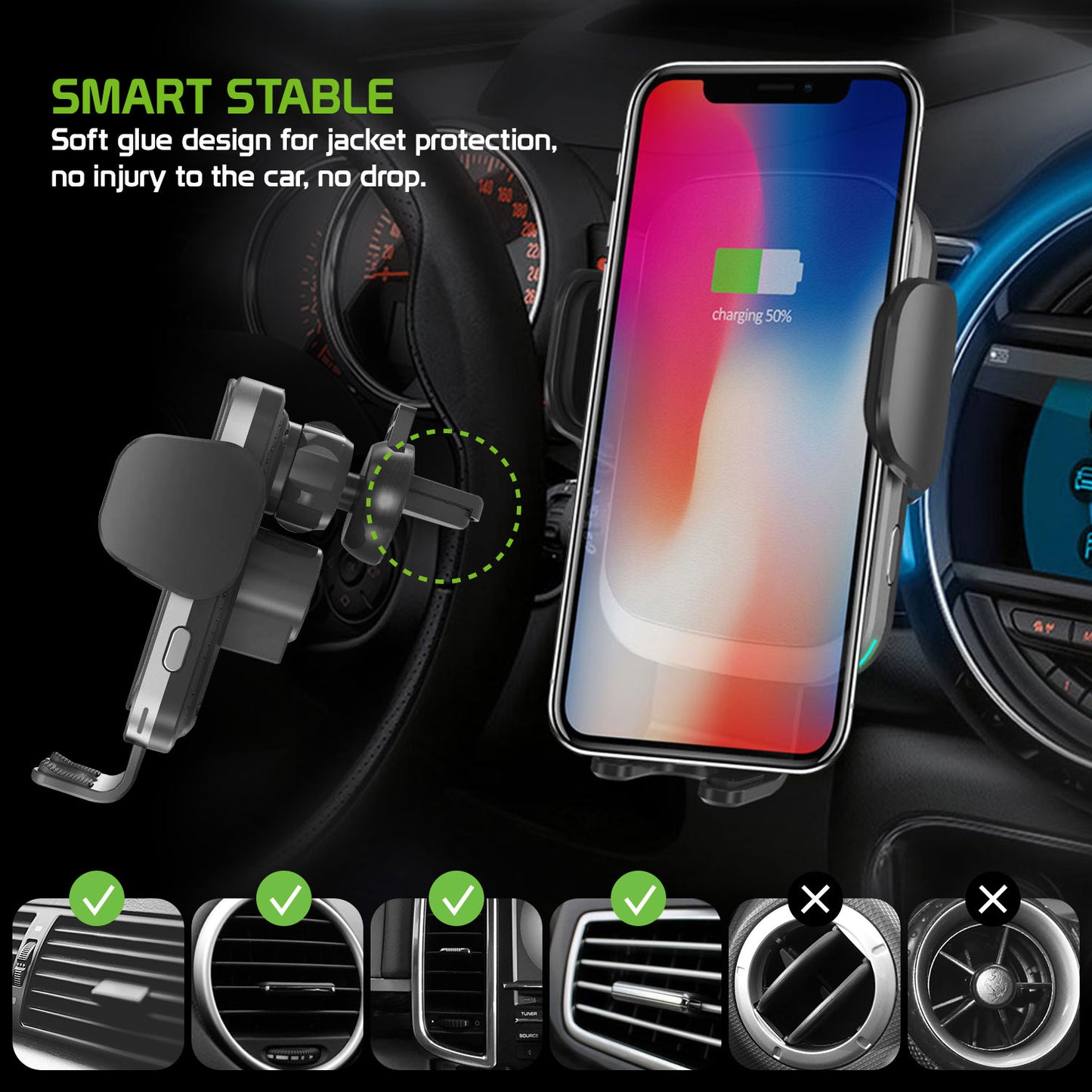 Fast Wireless Charging Phone Holder Mount with Touch Release and Lock Cradle, Reusable Sticky Suction Cup for Dashboard and Air Vent Compatible to iPhone Galaxy Z Flip, Z Fold, Google Pixel Moto