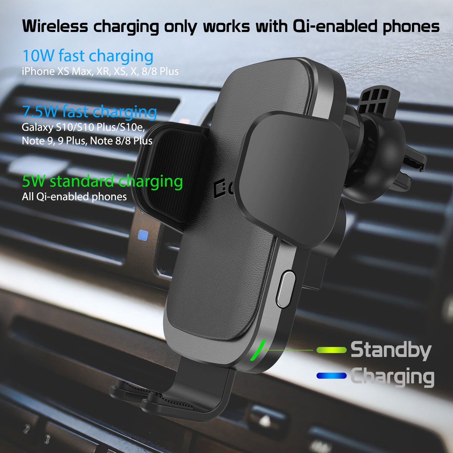 Fast Wireless Charging Phone Holder Mount with Touch Release and Lock Cradle, Reusable Sticky Suction Cup for Dashboard and Air Vent Compatible to iPhone Galaxy Z Flip, Z Fold, Google Pixel Moto