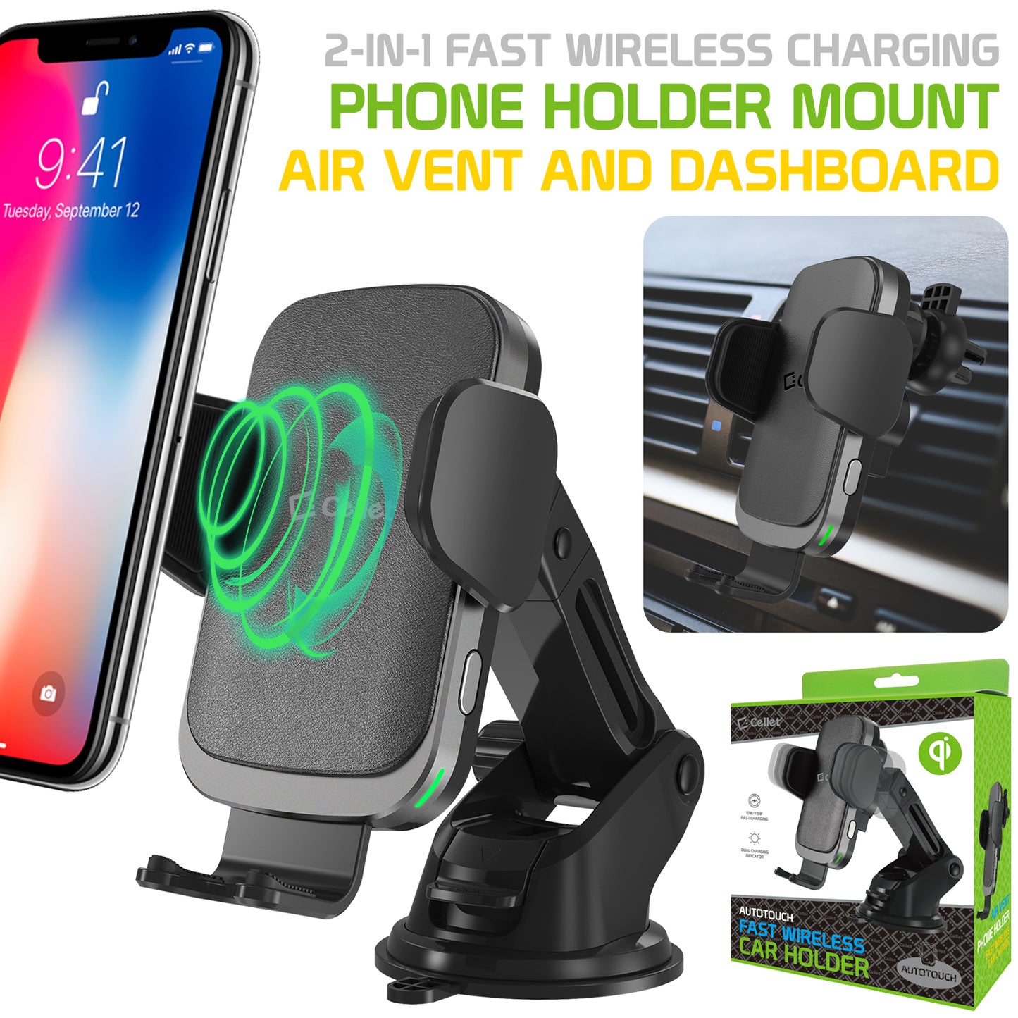 Fast Wireless Charging Phone Holder Mount with Touch Release and Lock Cradle, Reusable Sticky Suction Cup for Dashboard and Air Vent Compatible to iPhone Galaxy Z Flip, Z Fold, Google Pixel Moto