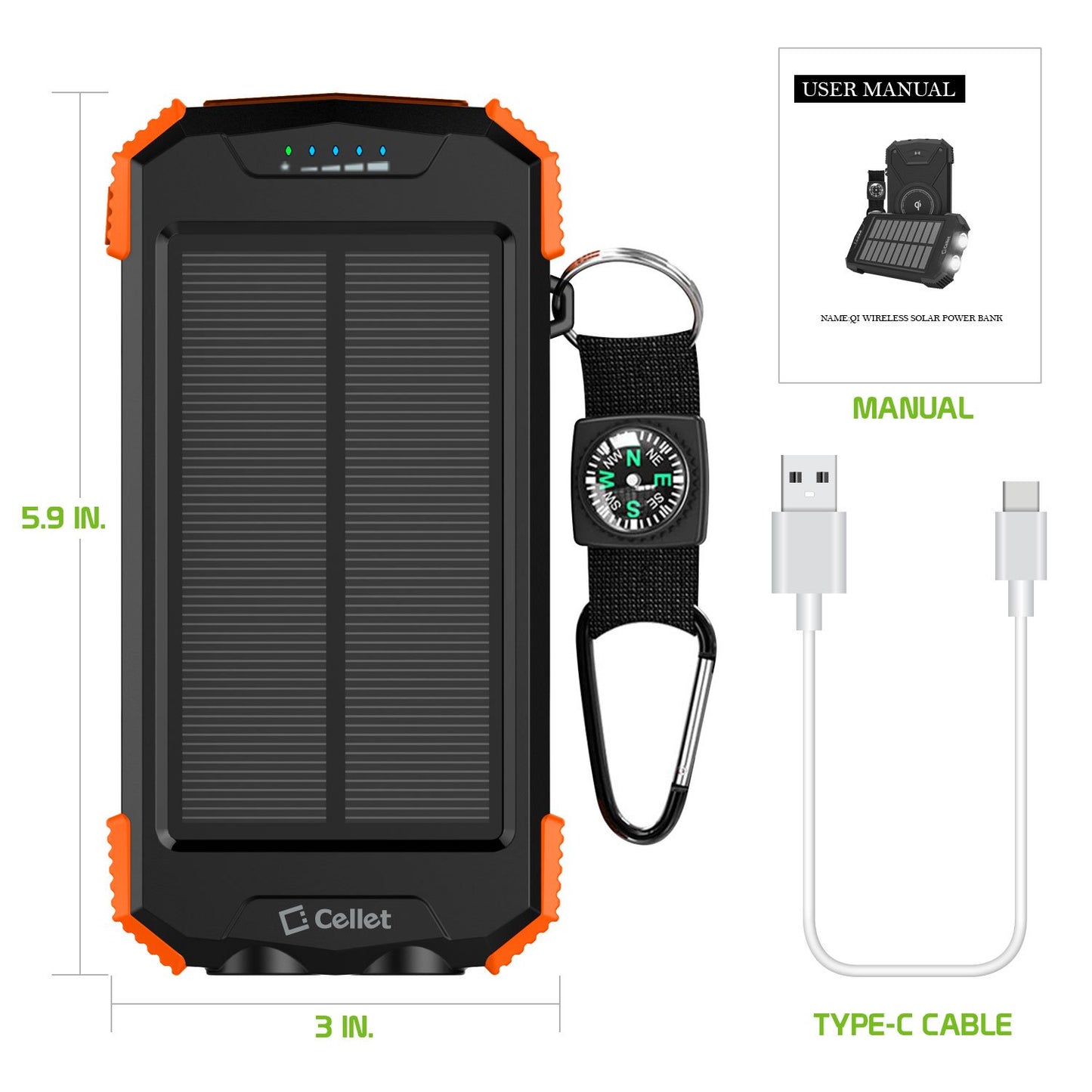 BMA10000OR -Solar Power Bank 10000mAh Universal Charging Pad Dual USB/Type C Micro USB Input -Orange