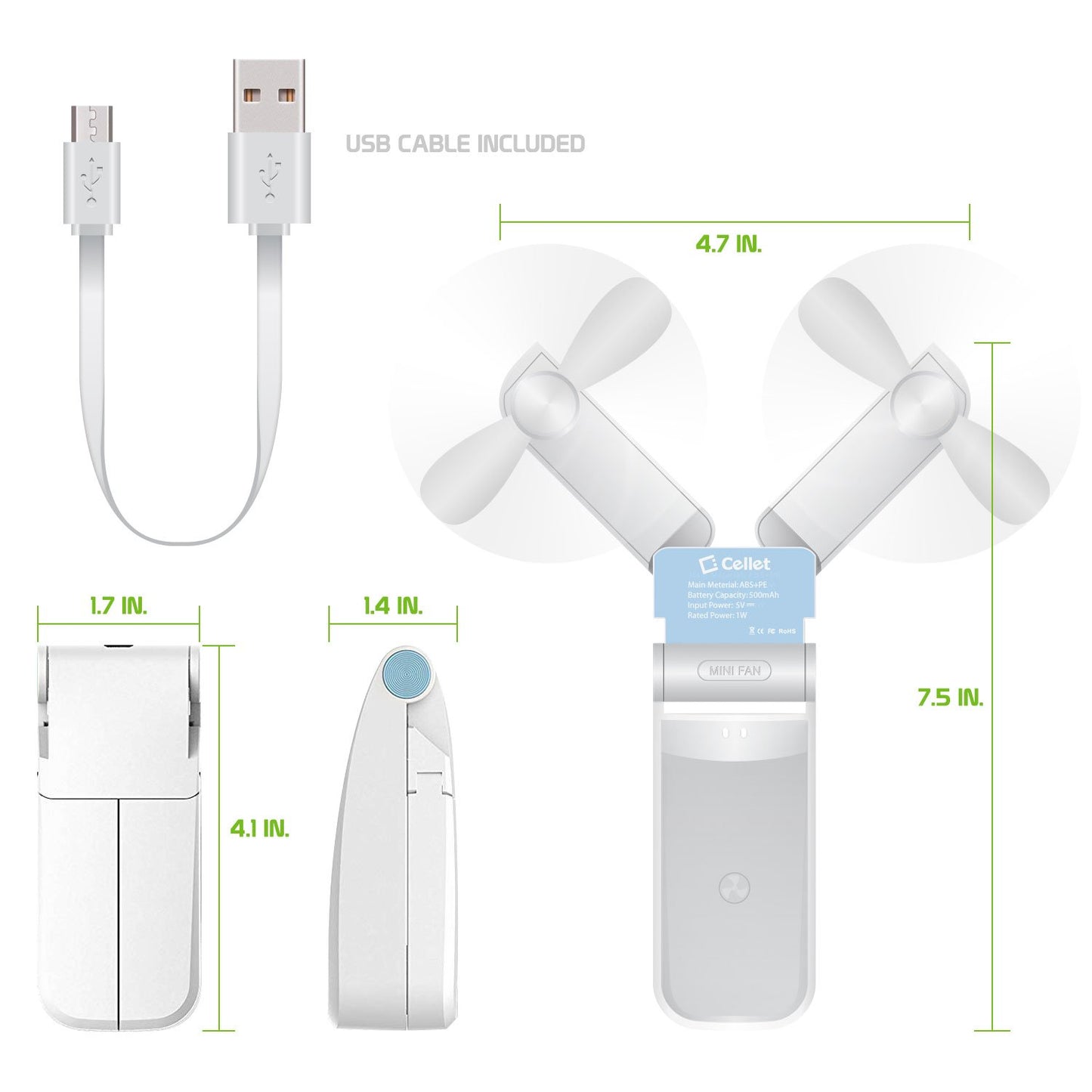 FAN500GR- 2-in-1 Mini Handheld Fan 500mAh Dual Fan Heads - Green