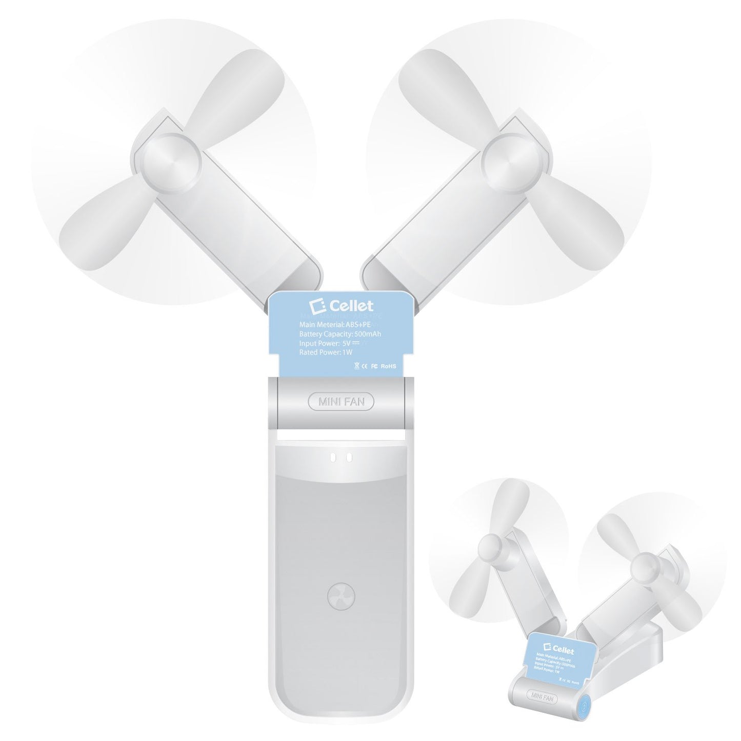 FAN500WT- 2 in 1 Mini Handheld Fan 500mAh Dual Fan Heads - White