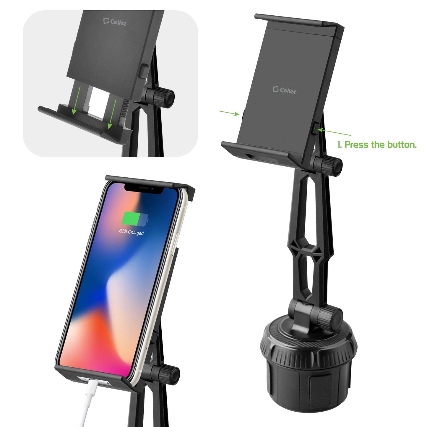 PH620 -  Cellet Tablet/Smartphone Cup Holder Mount, Cup Holder Mount with Adjustable Base Compatible to iPhone iPads, Tablets, Smartphones, GPS