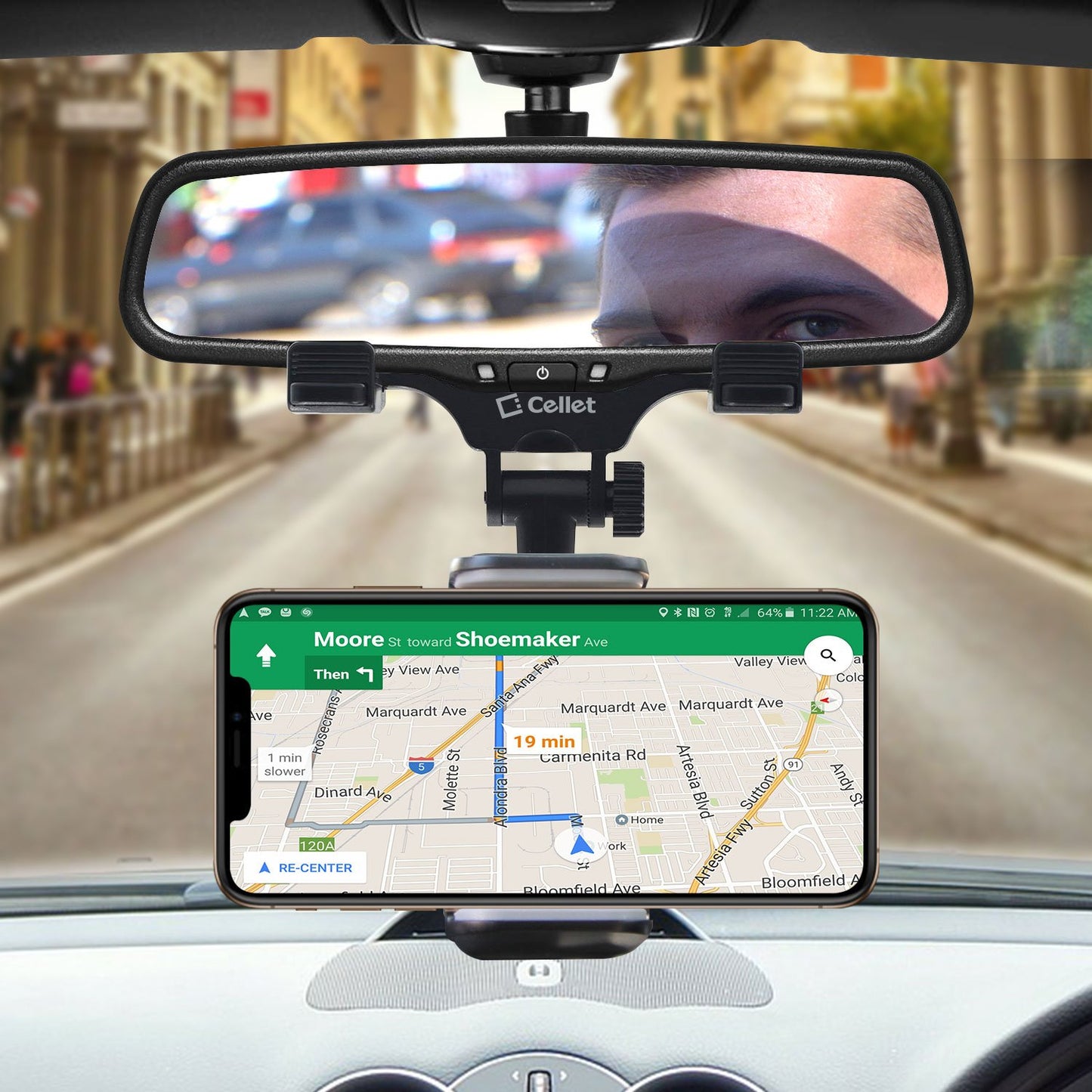 Universal Car Rear-view Mirror Mount with 360 Degree Rotating Cradle and Adjustable Brackets Compatible to iPhones, Androids and more