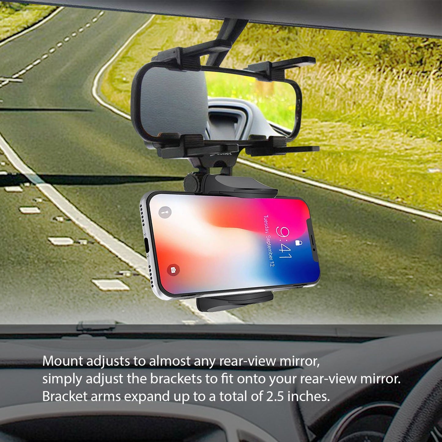 Universal Car Rear-view Mirror Mount with 360 Degree Rotating Cradle and Adjustable Brackets Compatible to iPhones, Androids and more