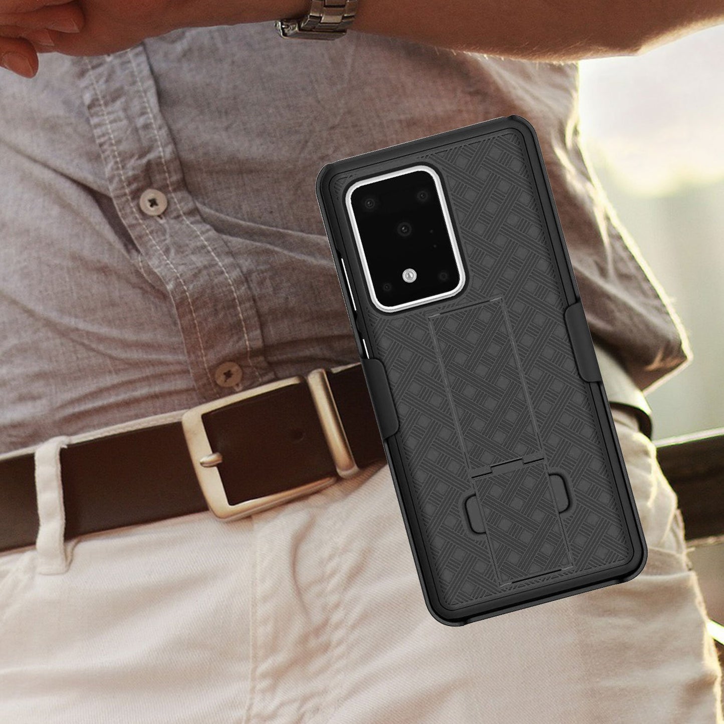 HLSAMS20U - Galaxy S20 Ultra Holster, Shell Holster Kickstand Case with Spring Belt Clip for Samsung Galaxy S20 Ultra – Black