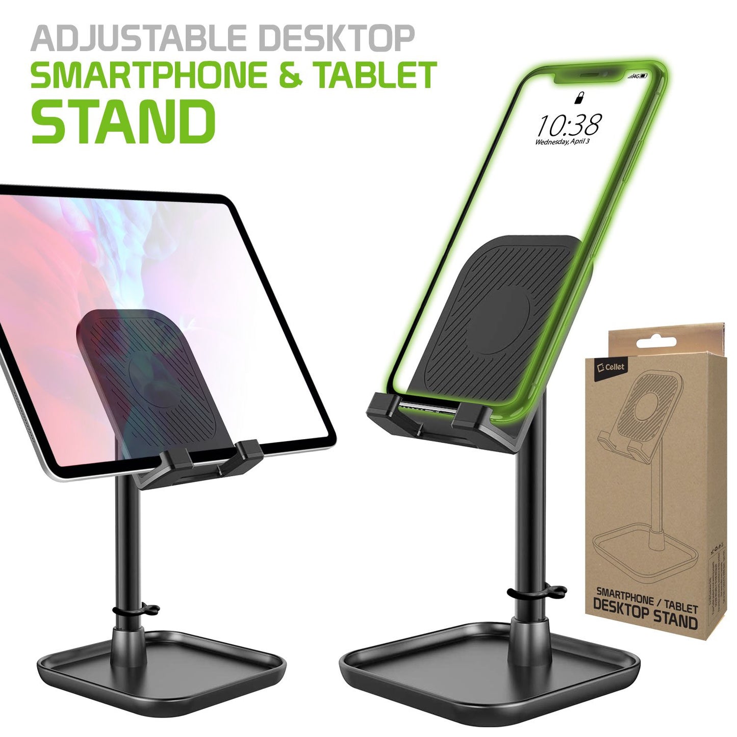 PH150BK - Heavy Duty Adjustable Phone Stand with Mini Shelf, Non-Slip Rubberized Grips and Base Compatible to Smartphones, Tablets, iPads