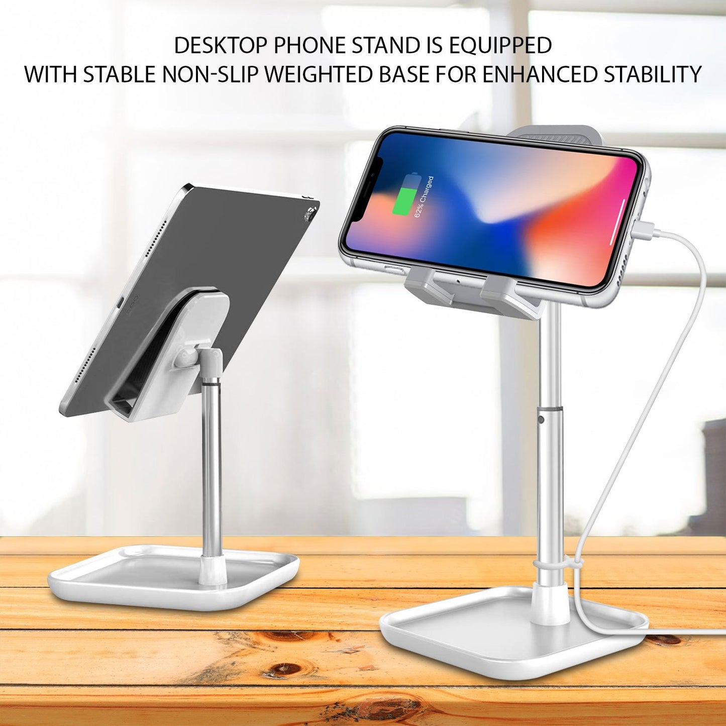 PH150SL -  Adjustable Desktop Smartphone and Tablet Stand with Mini Shelf, Non-Slip Rubberized Grips and Base Compatible to Smartphones, Tablets/iPads