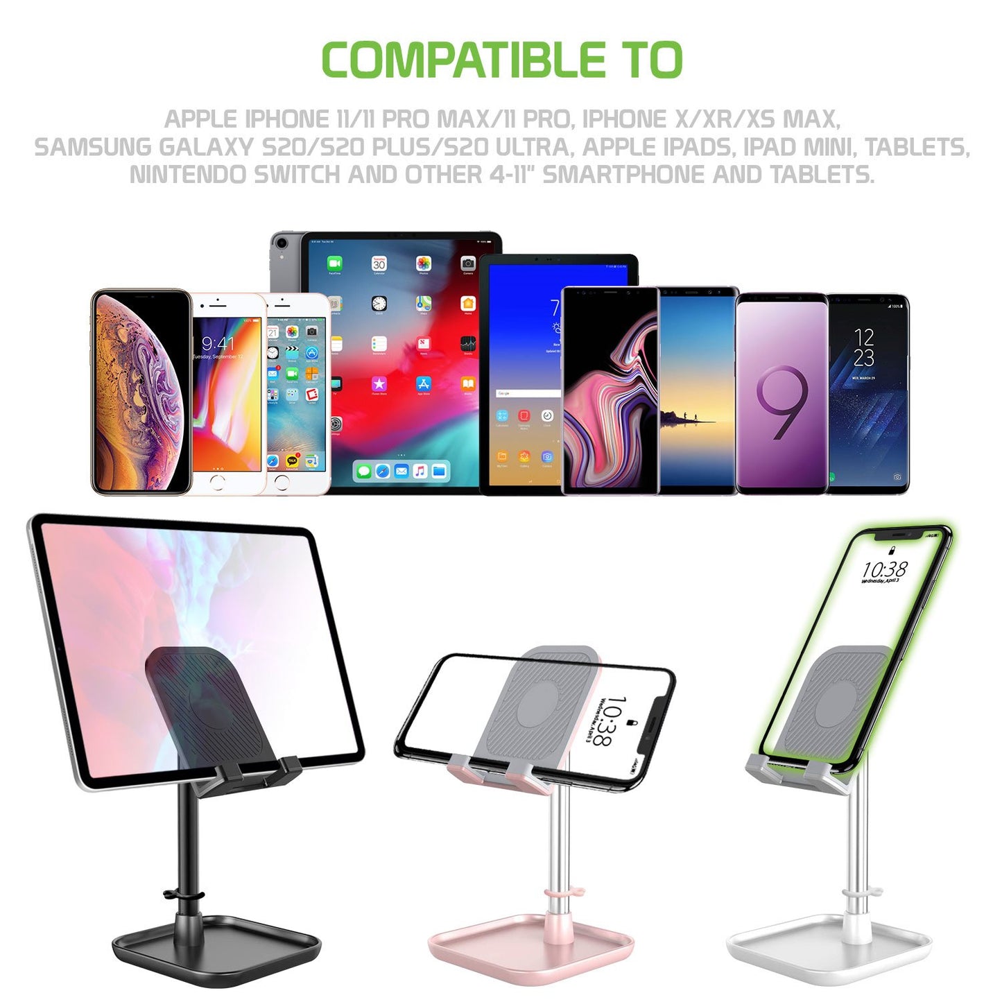 PH150SL -  Adjustable Desktop Smartphone and Tablet Stand with Mini Shelf, Non-Slip Rubberized Grips and Base Compatible to Smartphones, Tablets/iPads