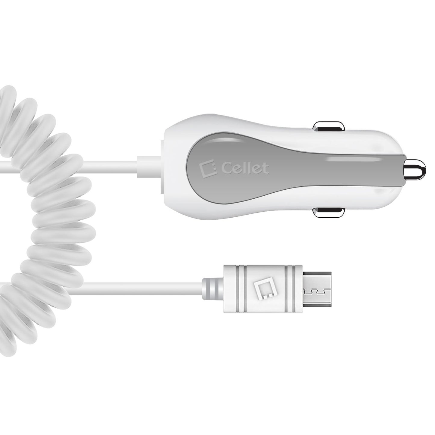 PMICROMSWT - Cellet High Powered 12 Watt (2.4 Amp) Micro USB Car Charger with Extra USB Port and Coiled cable - White