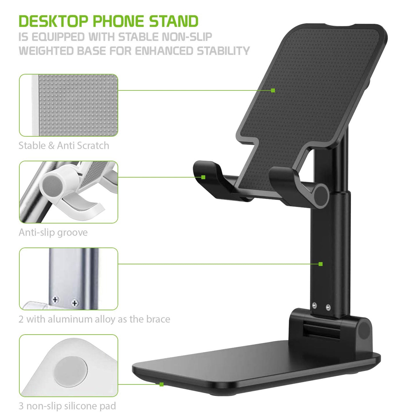 PH60BK -   Adjustable Desktop Smartphone and Tablet Stand with Non-Slip Rubberized Grips and Weighted Base Compatible to Smartphones, Tablets, iPads