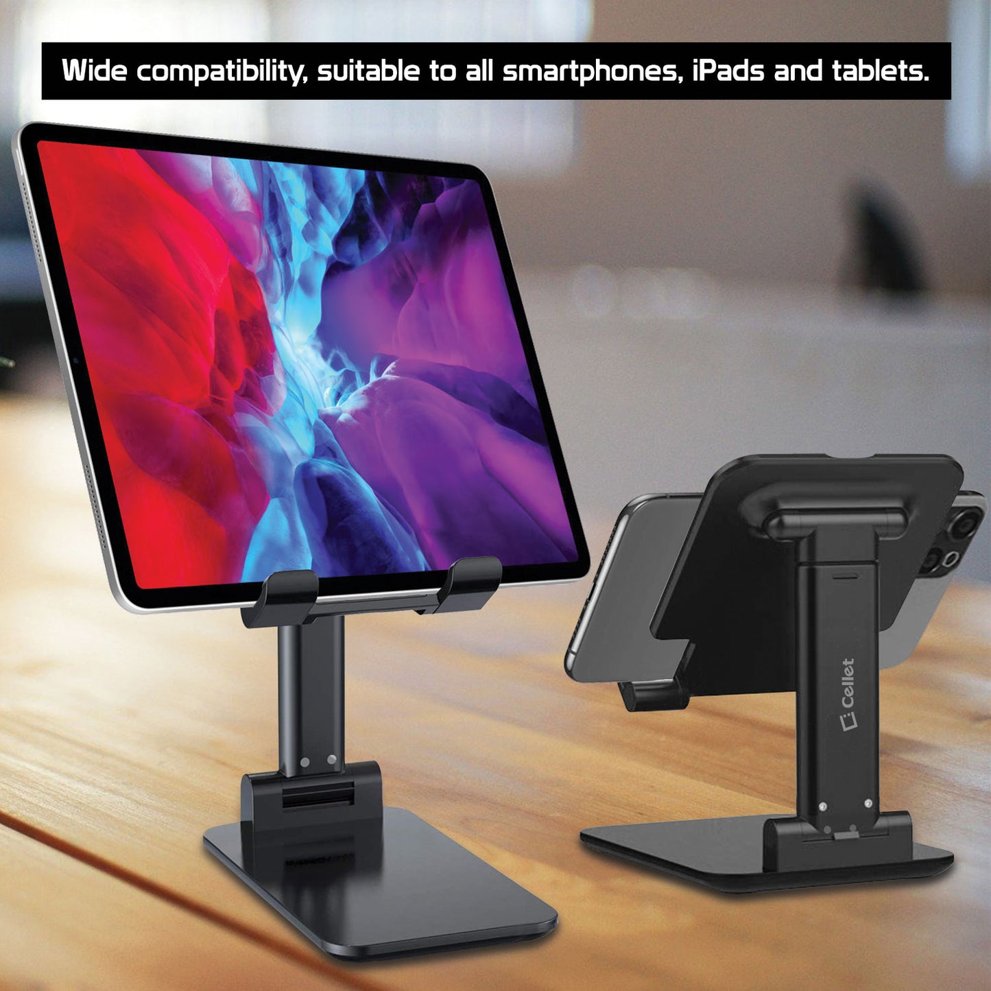 PHTAB60BK - Foldable Heavy Duty Adjustable Smartphone and Tablet Stand with Non-Slip Rubberized Grips and Weighted Base for Smartphones, Tablets/iPads