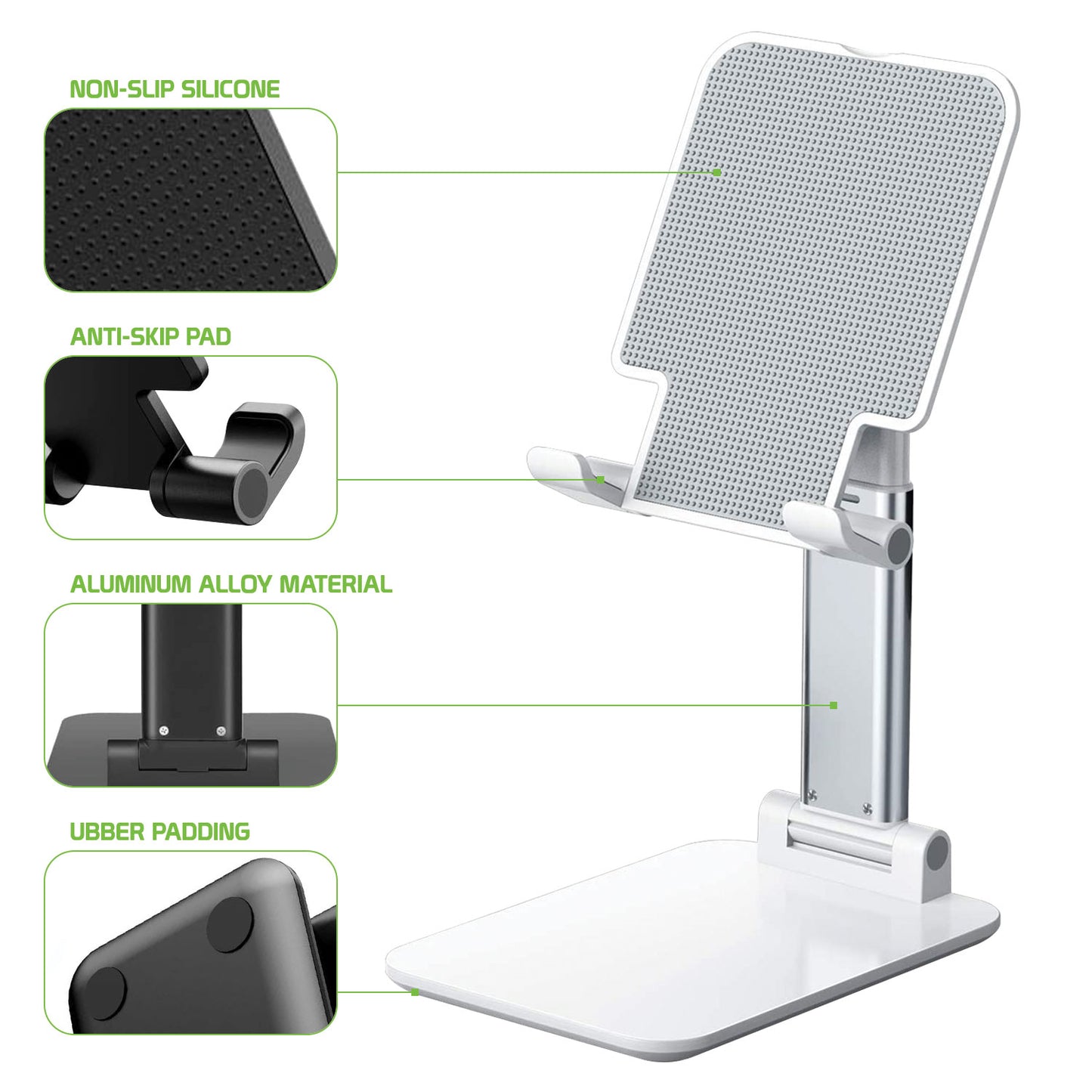 PHTAB60BK - Foldable Heavy Duty Adjustable Smartphone and Tablet Stand with Non-Slip Rubberized Grips and Weighted Base for Smartphones, Tablets/iPads