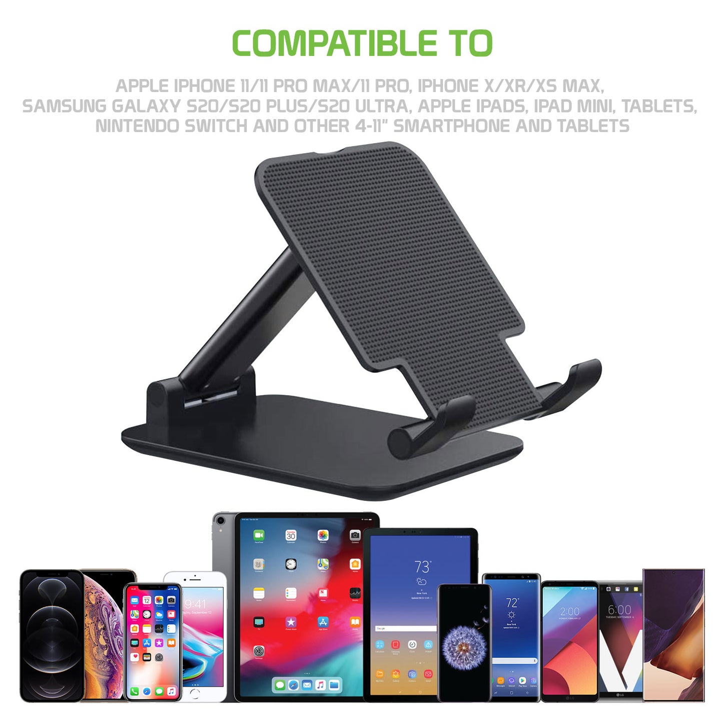 PHTAB60BK - Foldable Heavy Duty Adjustable Smartphone and Tablet Stand with Non-Slip Rubberized Grips and Weighted Base for Smartphones, Tablets/iPads