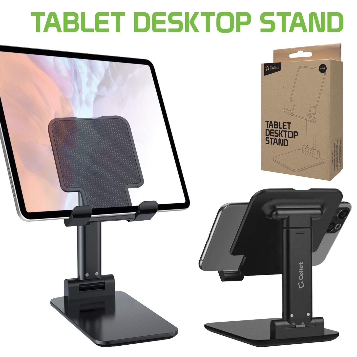 PHTAB60BK - Foldable Heavy Duty Adjustable Smartphone and Tablet Stand with Non-Slip Rubberized Grips and Weighted Base for Smartphones, Tablets/iPads