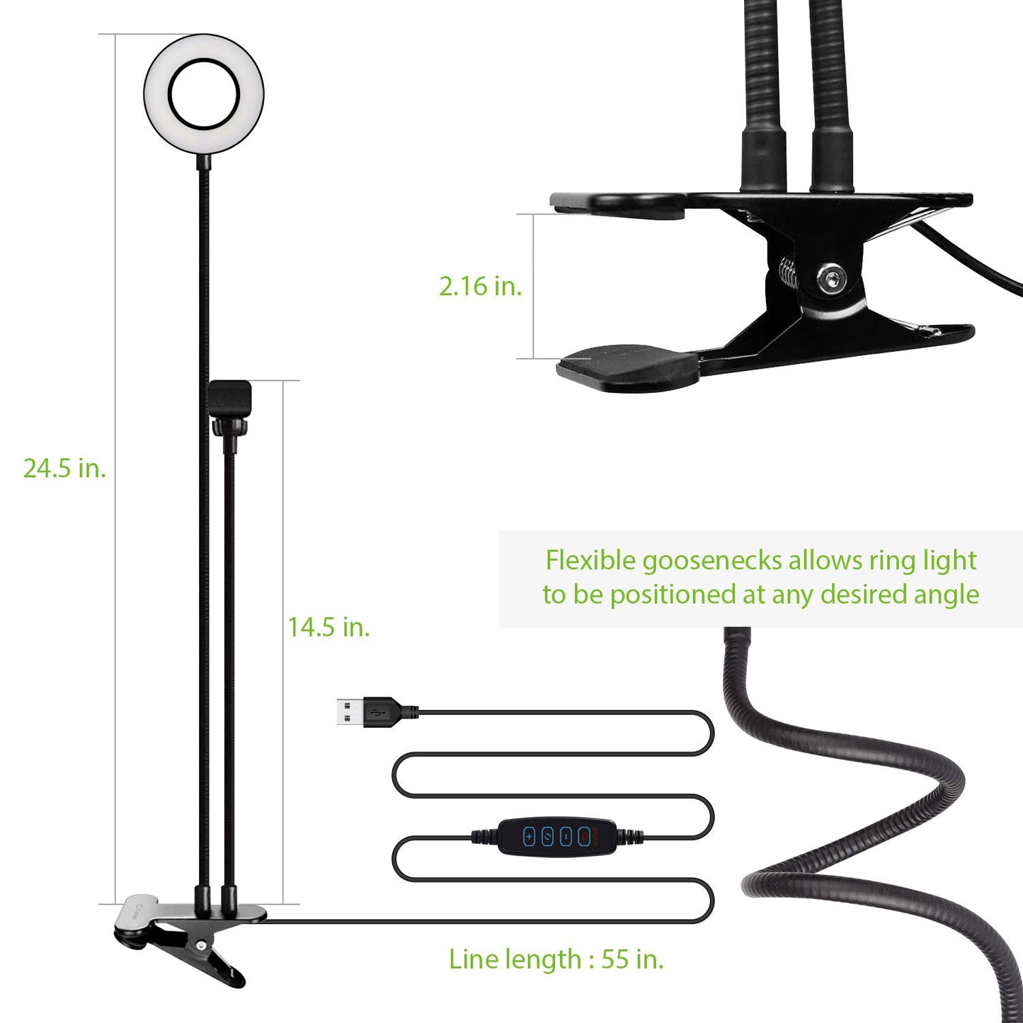 Selfie Ring Light with Phone holder, USB Powered LED Ring Light with 3 Lighting Modes, Adjustable Brightness and Flexible Gooseneck Arms