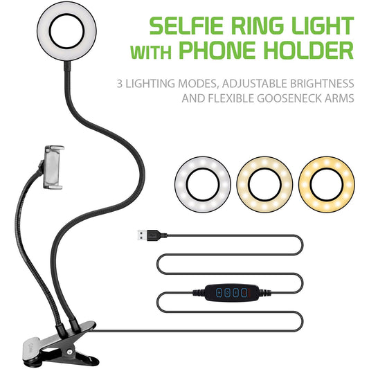 Selfie Ring Light with Phone holder, USB Powered LED Ring Light with 3 Lighting Modes, Adjustable Brightness and Flexible Gooseneck Arms