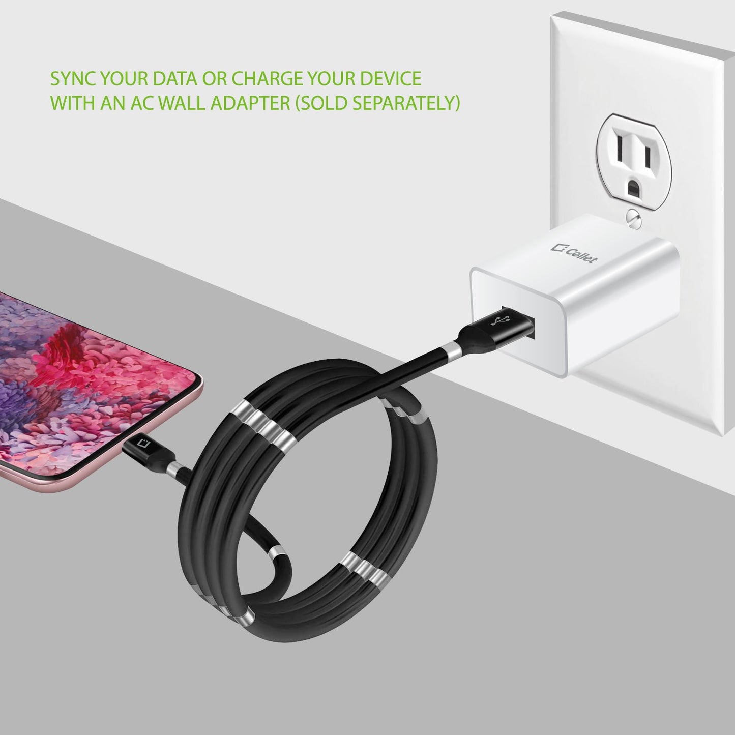 DCACOIL3BK- USB-C Charging Cable, Magnetic Self Winding, Tangle Free, USB-C to USB-A Charging and Data Cord- 3.3ft. (1m) Black