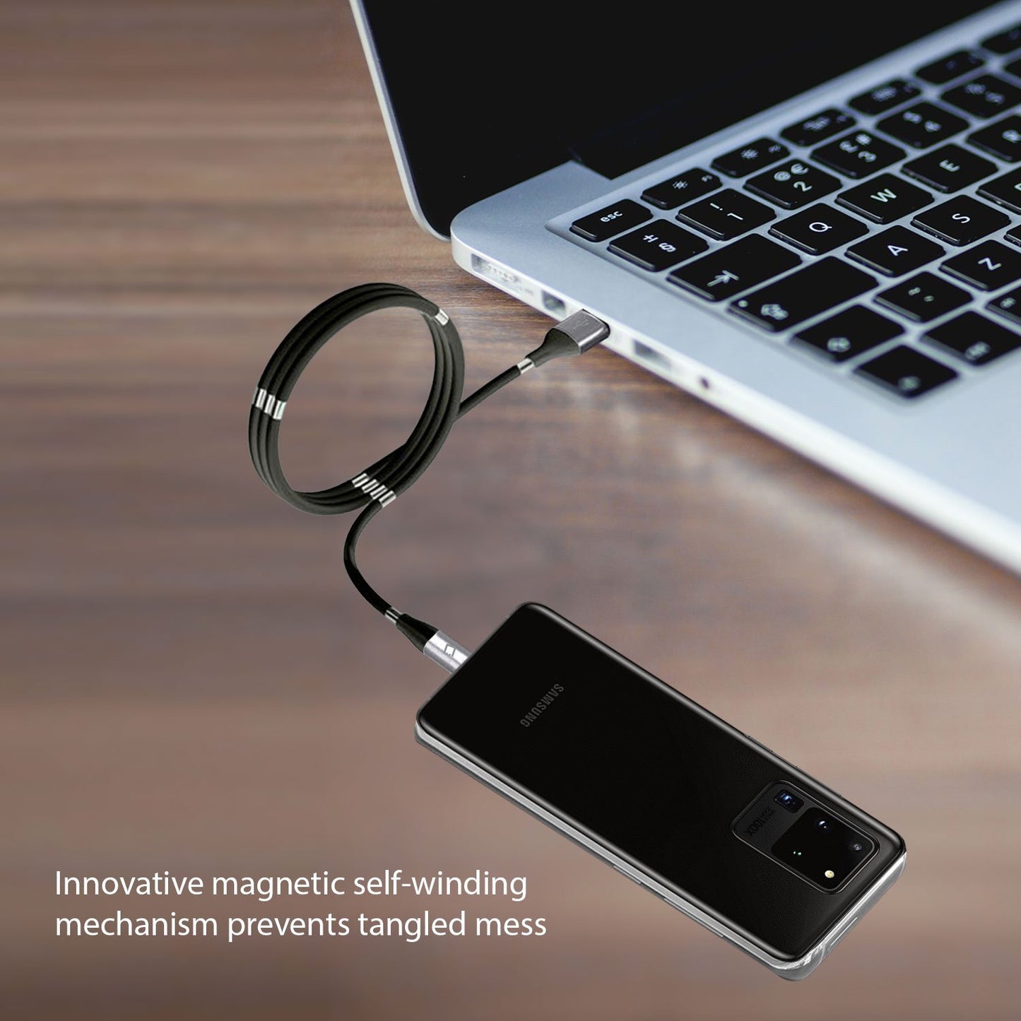 DCACOIL3BK- USB-C Charging Cable, Magnetic Self Winding, Tangle Free, USB-C to USB-A Charging and Data Cord- 3.3ft. (1m) Black