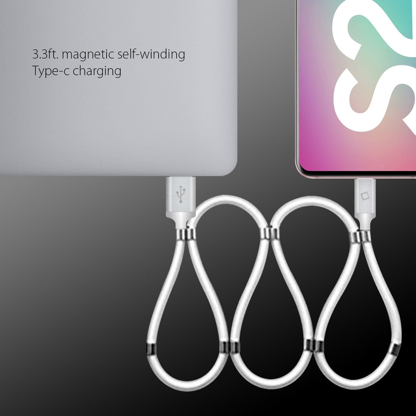 DCACOIL3BK- USB-C Charging Cable, Magnetic Self Winding, Tangle Free, USB-C to USB-A Charging and Data Cord- 3.3ft. (1m) Black