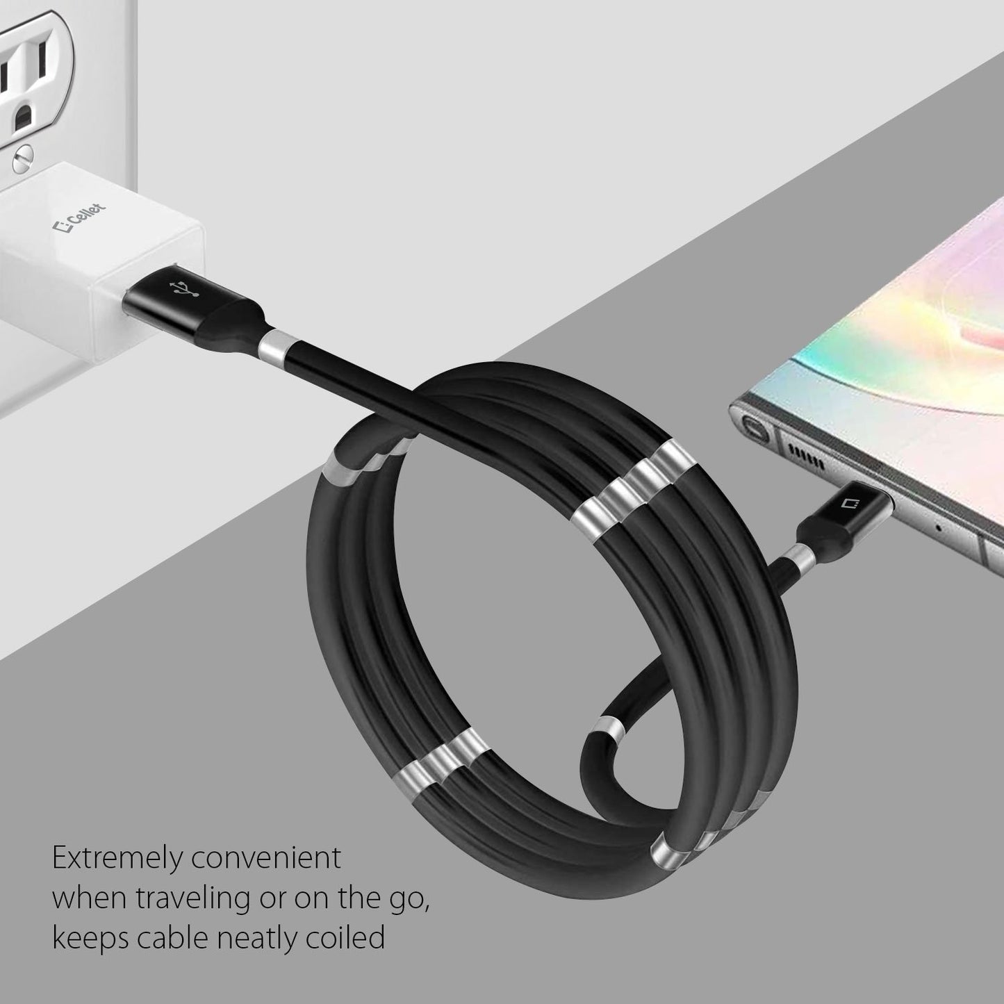 DCACOIL3BK- USB-C Charging Cable, Magnetic Self Winding, Tangle Free, USB-C to USB-A Charging and Data Cord- 3.3ft. (1m) Black