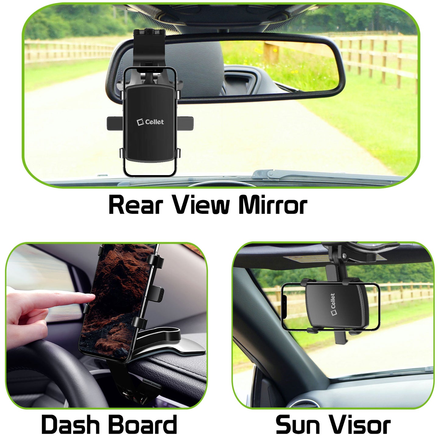 PHD280 - Dashboard, Sun Visor & Rear View Mirror Clip Mount with Heavy Duty Spring Base, 360° Cradle Rotation Compatible to iPhone 13 Pro Max and More