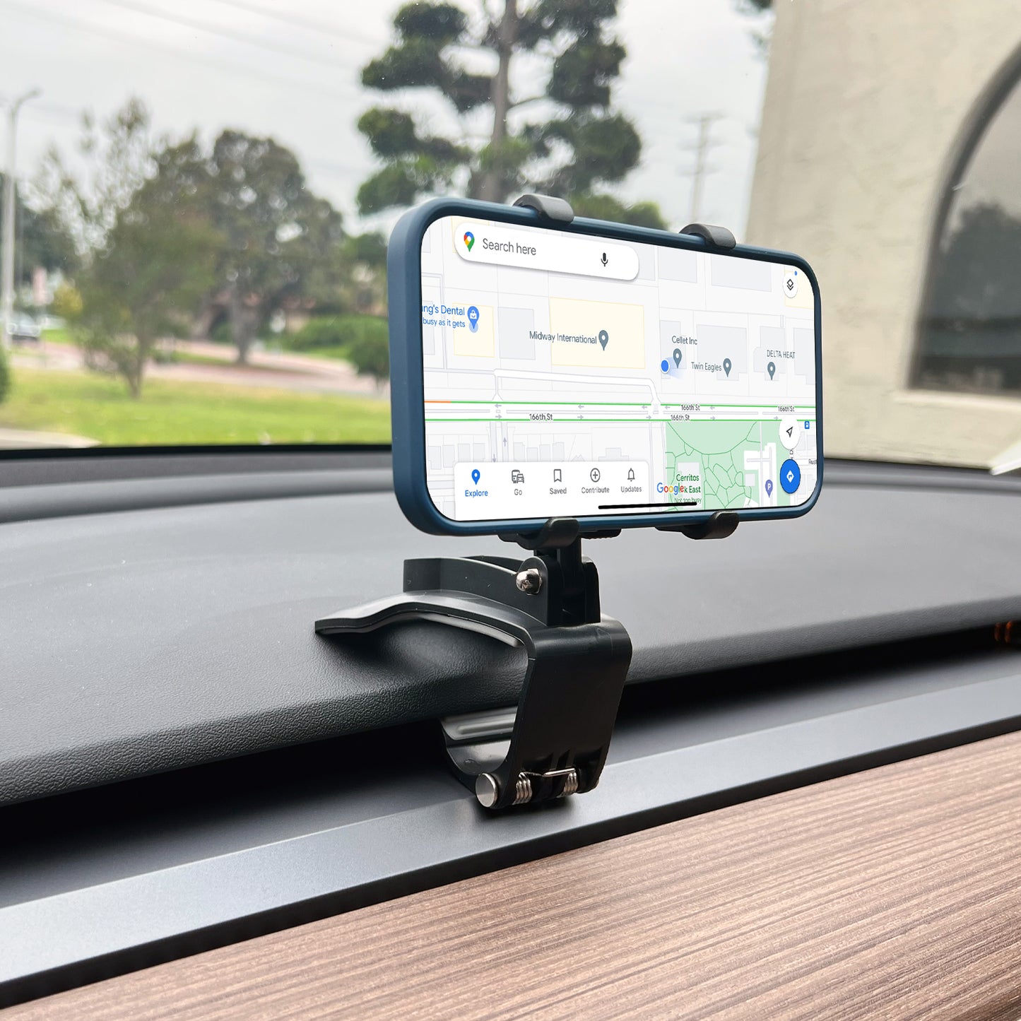 PHD280 - Dashboard, Sun Visor & Rear View Mirror Clip Mount with Heavy Duty Spring Base, 360° Cradle Rotation Compatible to iPhone 13 Pro Max and More