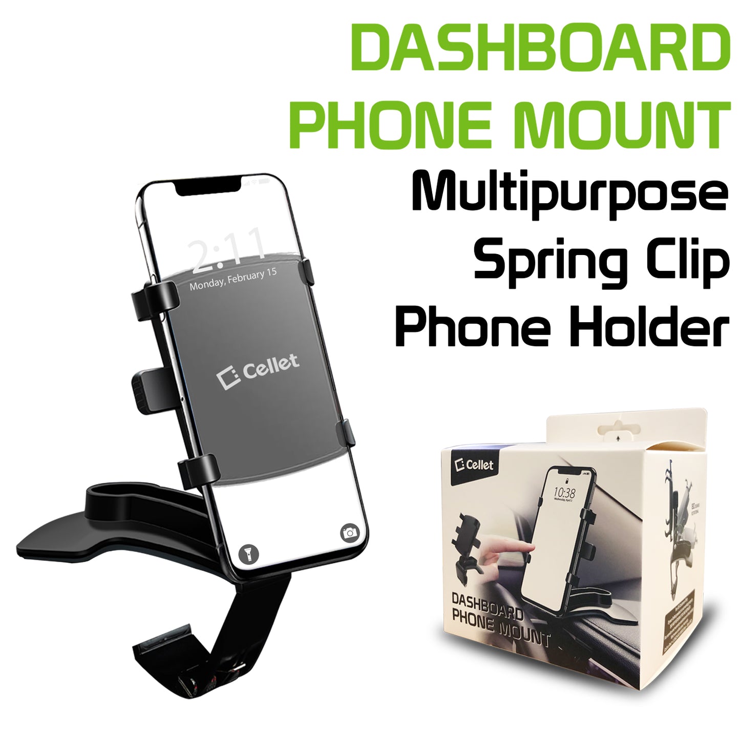 PHD280 - Dashboard, Sun Visor & Rear View Mirror Clip Mount with Heavy Duty Spring Base, 360° Cradle Rotation Compatible to iPhone 13 Pro Max and More