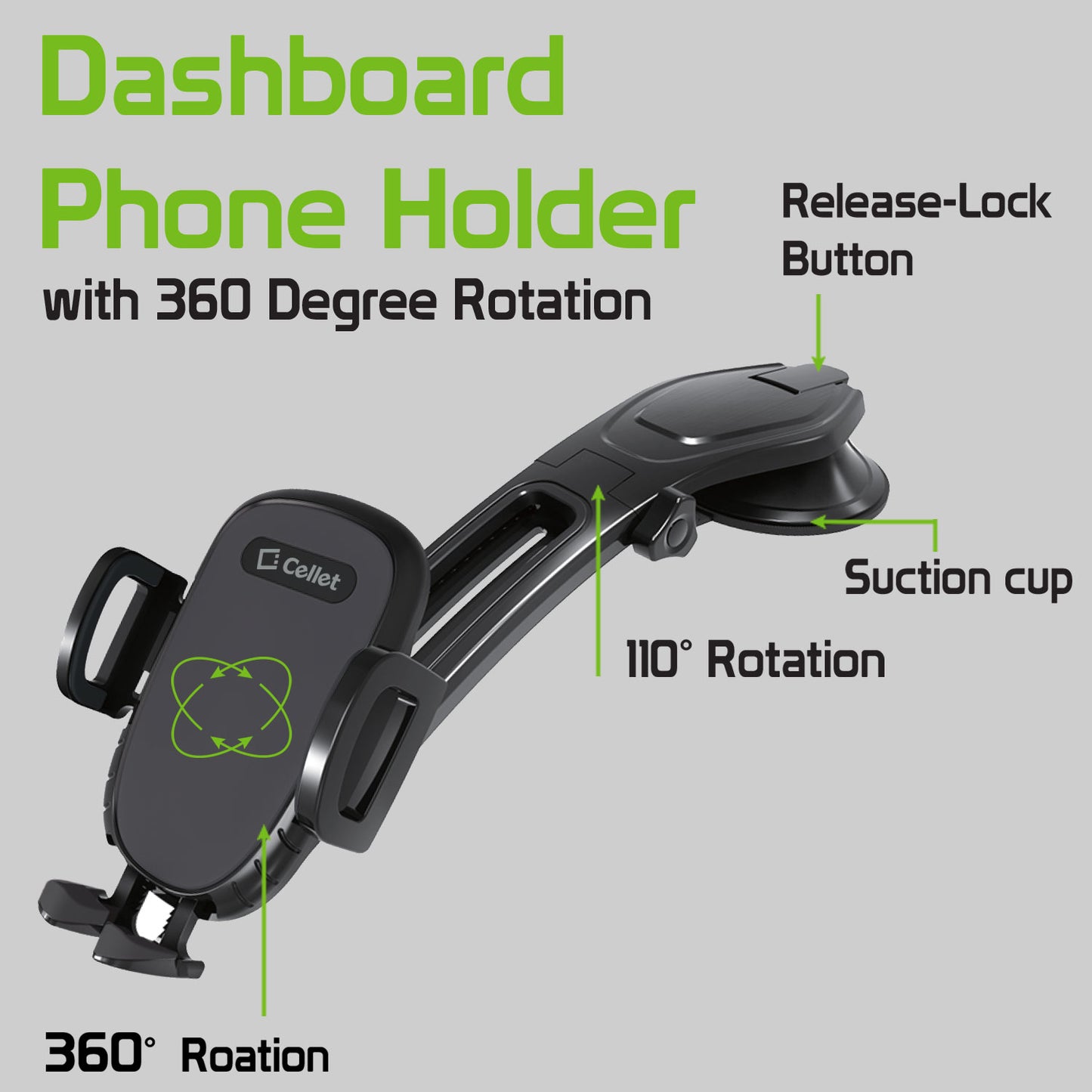 PHC82 - Universal Suction Cup Dashboard Phone Holder with 360 Degree Rotation, One Touch Arm release Button & Lock Lever for Smartphones
