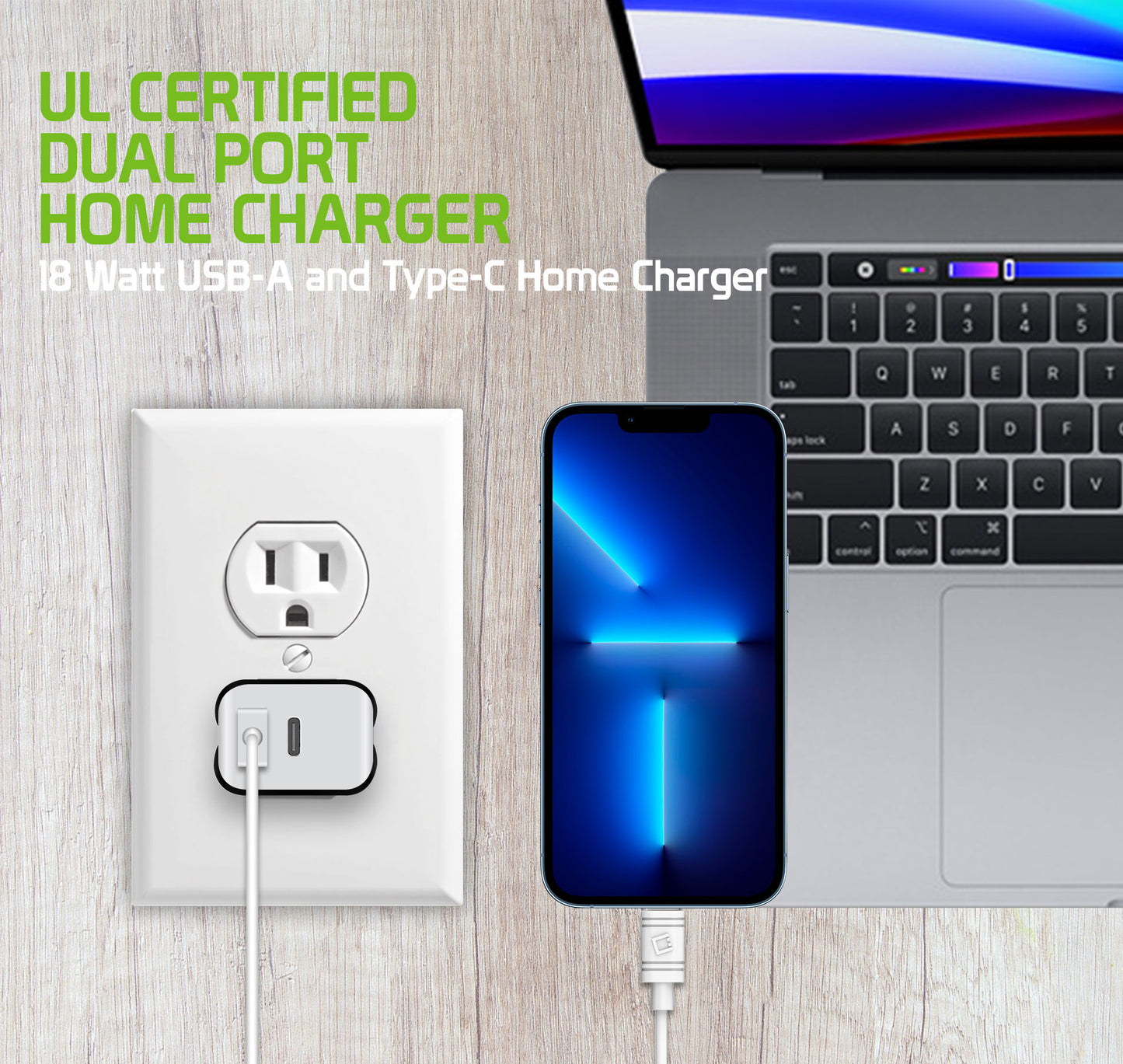 TC180BK - UL Certified Dual Port Home Charger, 18 Watt USB-A and Type-C Home Charger (Cable Sold Separately) Compatible Androids and Tablets