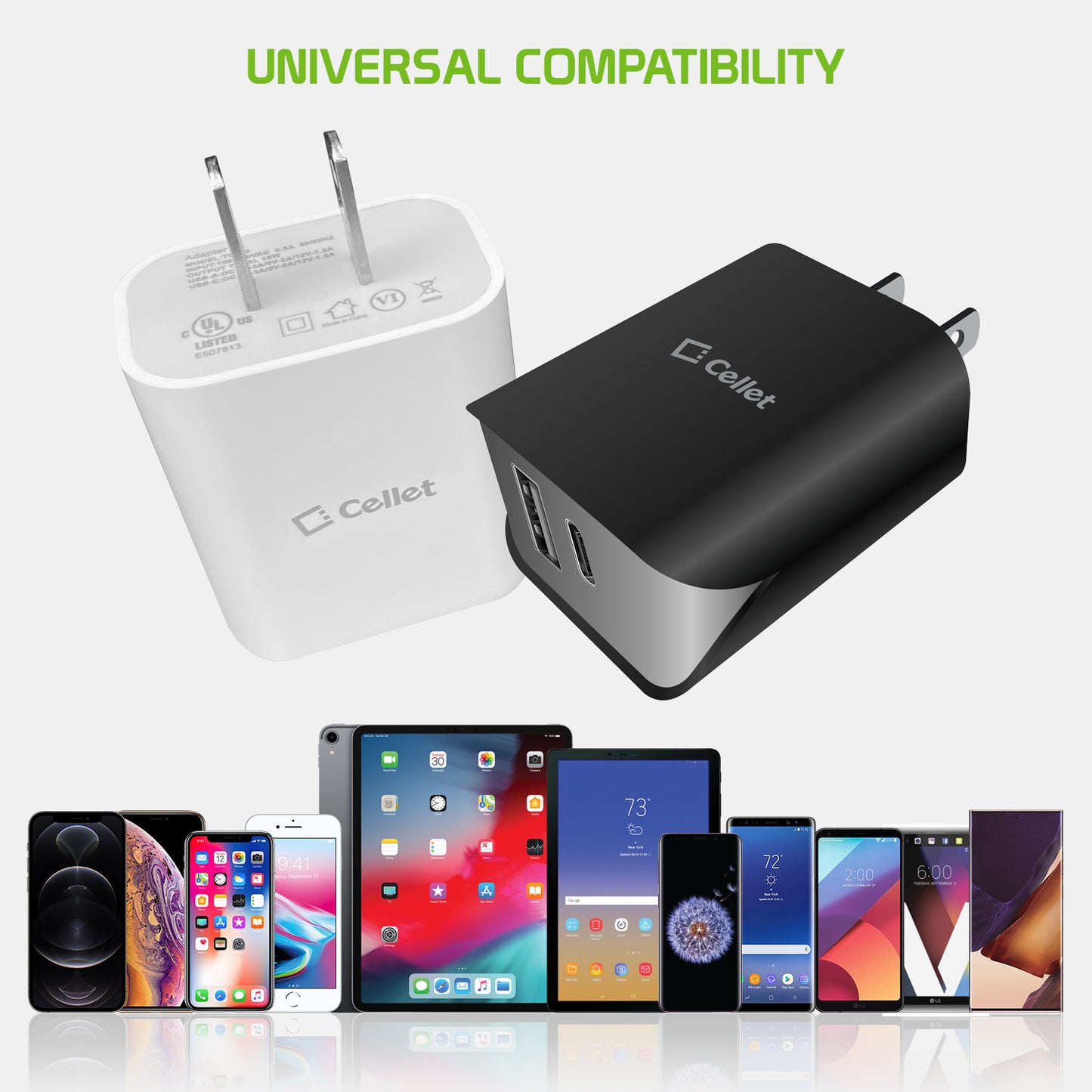 TC180BK - UL Certified Dual Port Home Charger, 18 Watt USB-A and Type-C Home Charger (Cable Sold Separately) Compatible Androids and Tablets