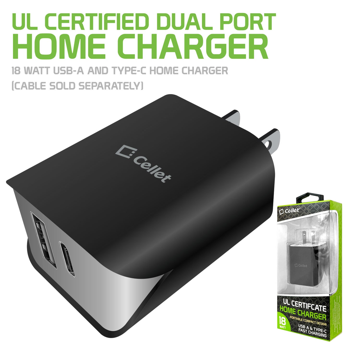 TC180BK - UL Certified Dual Port Home Charger, 18 Watt USB-A and Type-C Home Charger (Cable Sold Separately) Compatible Androids and Tablets