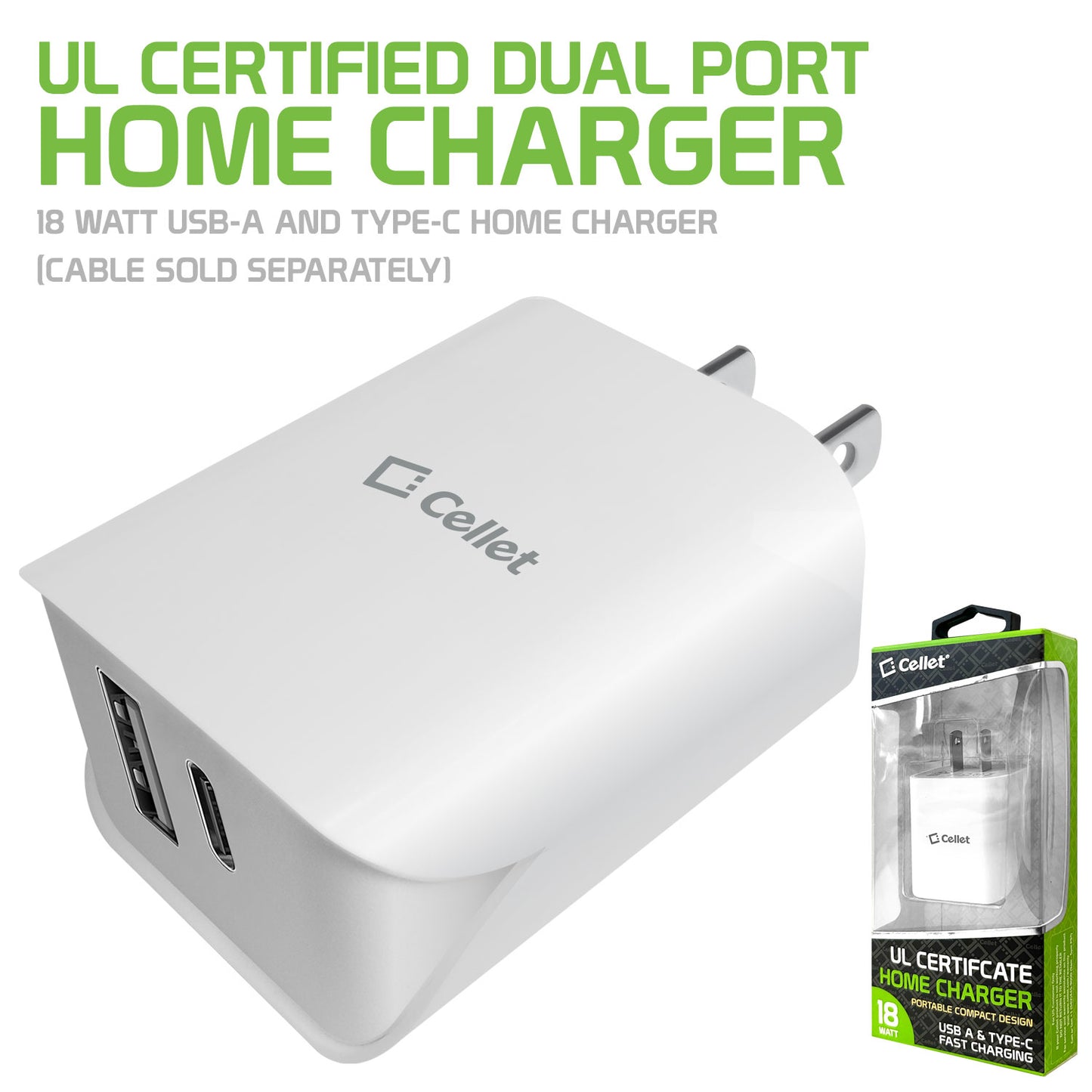 TC180WT - UL Certified Dual Port Home Charger, 18 Watt USB-A and Type-C Home Charger (Cable Sold Separately) Compatible Androids and Tablets