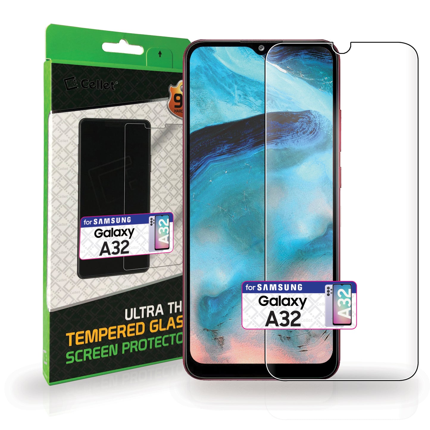 SGSAMA32 - Samsung Galaxy A32, Premium Ultra Thin Full Coverage Tempered Glass Screen Protector for Samsung Galaxy A32 by Cellet
