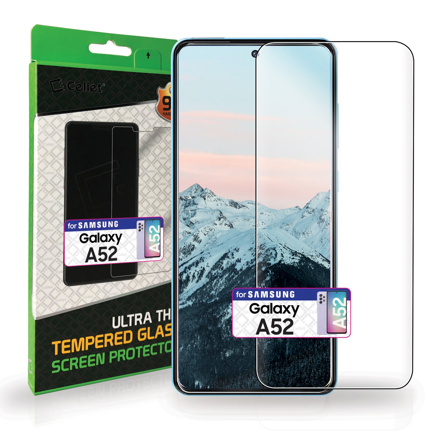 SGSAMA52 - Samsung Galaxy A52, Premium Ultra Thin Full Coverage Tempered Glass Screen Protector for Samsung Galaxy A52 by Cellet