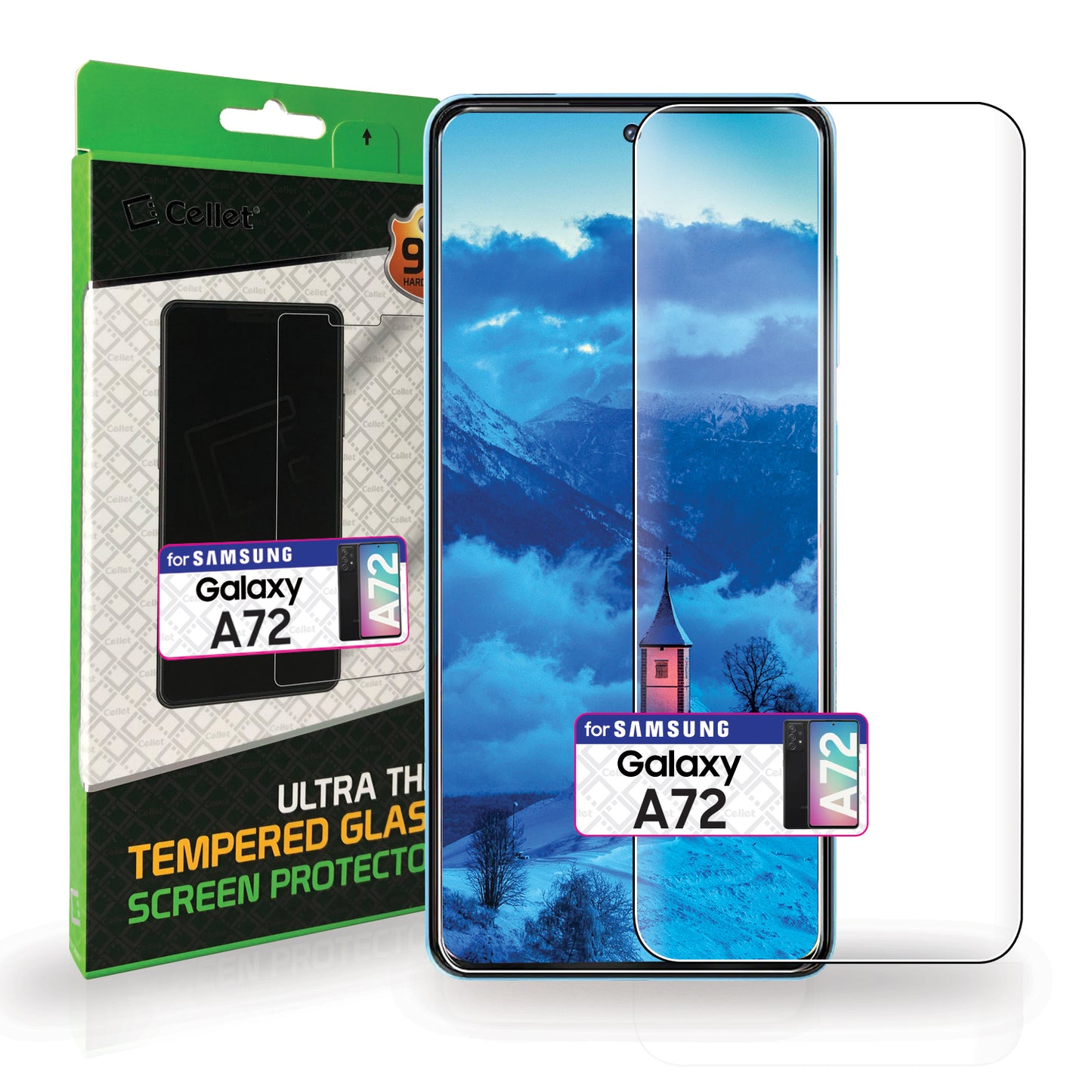 SGSAMA72 - Samsung Galaxy A72, Premium Ultra Thin Full Coverage Tempered Glass Screen Protector for Samsung Galaxy A72 by Cellet