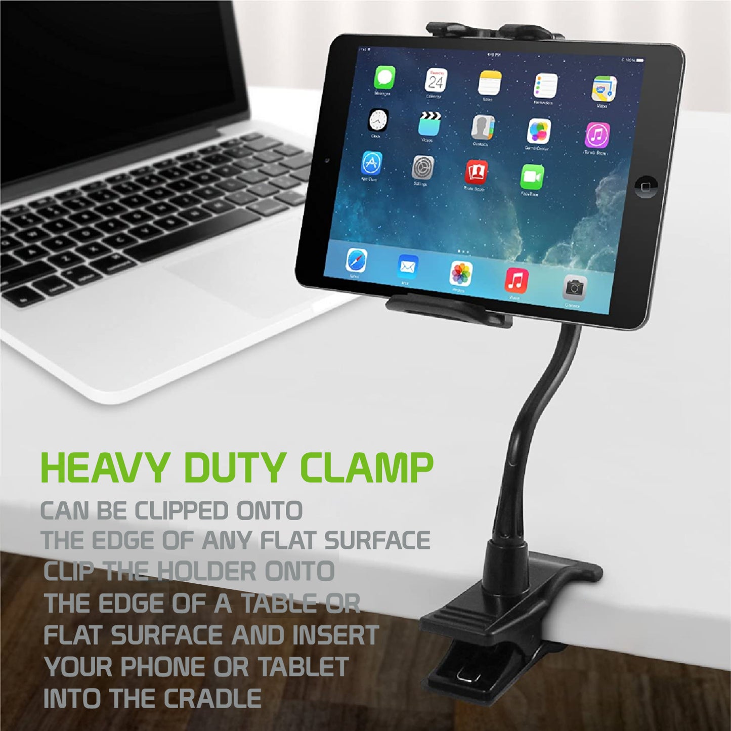 PH500 - Tablet Smartphone Clip Holder, iPad & Smartphone Desktop Clip Vise Mount with Gooseneck Compatible to iPhone 14 13 Pro Max iPad Pro, Air Mini