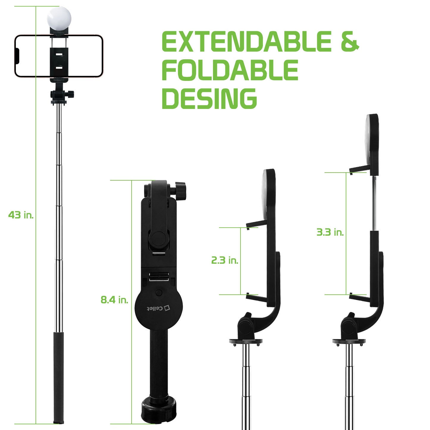 Selfie Stick with Attachable Tripod Base, 3 Adjustable Lighting Modes for Live Streams, Videos and Photos Compatible to iPhones and Androids