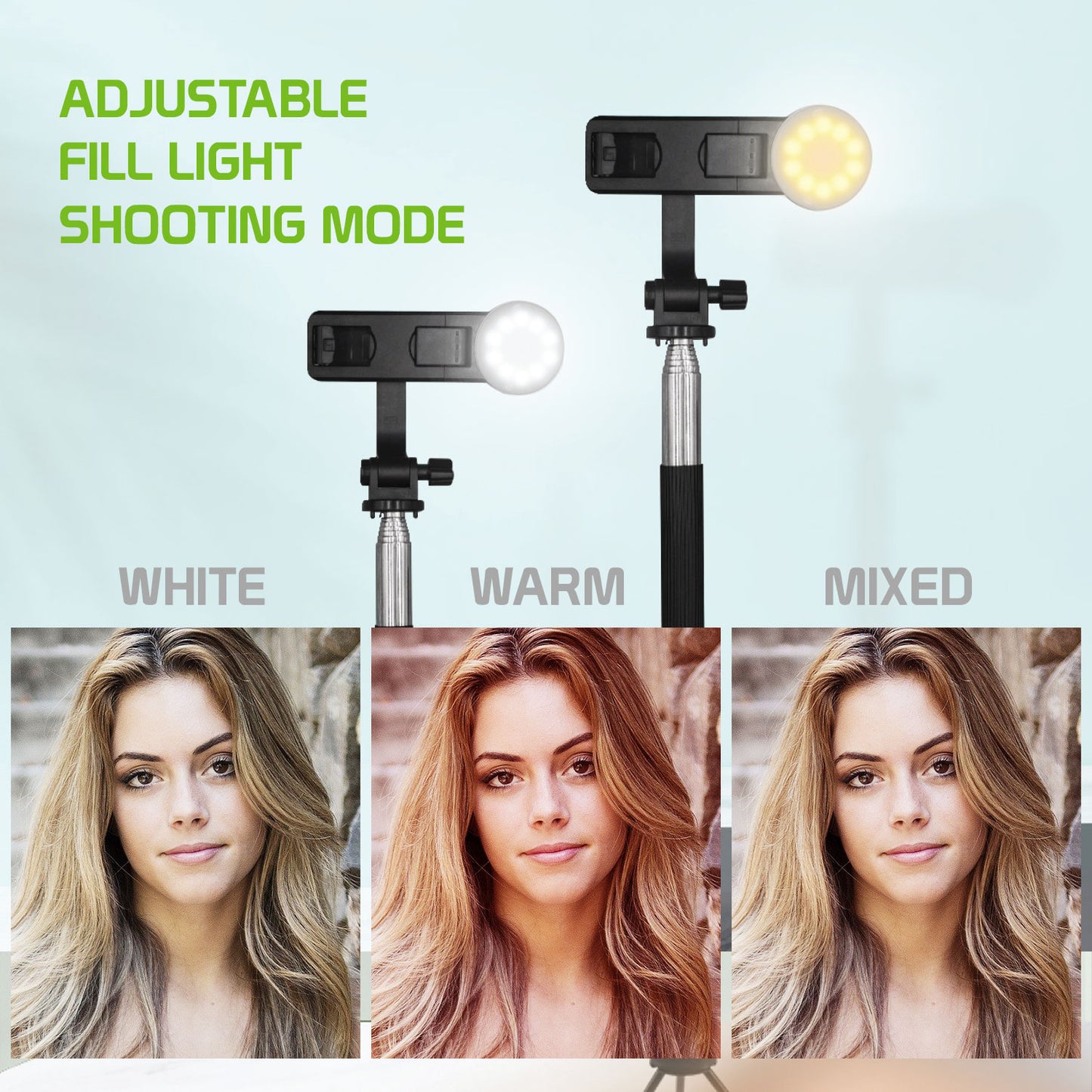 Selfie Stick with Attachable Tripod Base, 3 Adjustable Lighting Modes for Live Streams, Videos and Photos Compatible to iPhones and Androids