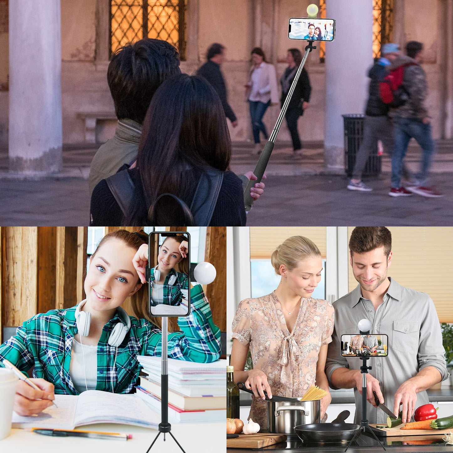 Selfie Stick with Attachable Tripod Base, 3 Adjustable Lighting Modes for Live Streams, Videos and Photos Compatible to iPhones and Androids