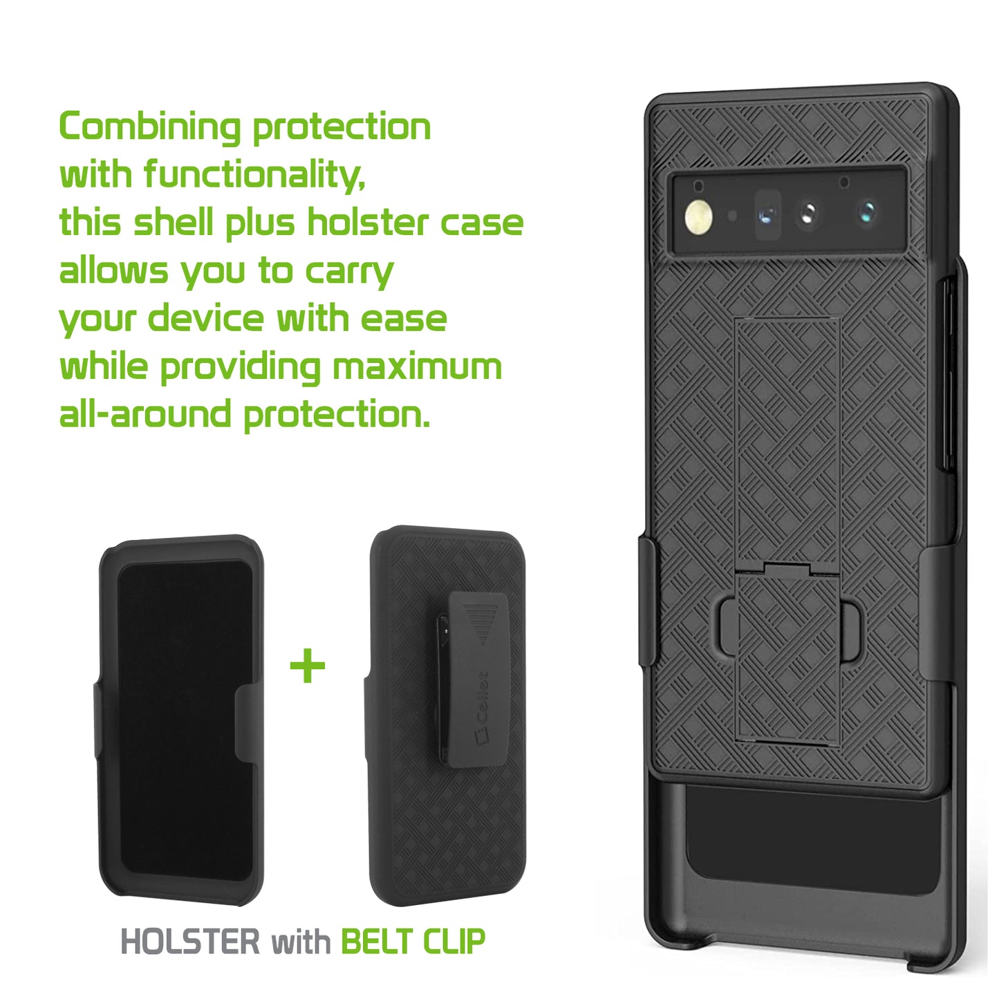 Pixel 6 Holster, Shell Holster Kickstand Case with Spring Belt Clip for Google Pixel 6 – Black – by Cellet