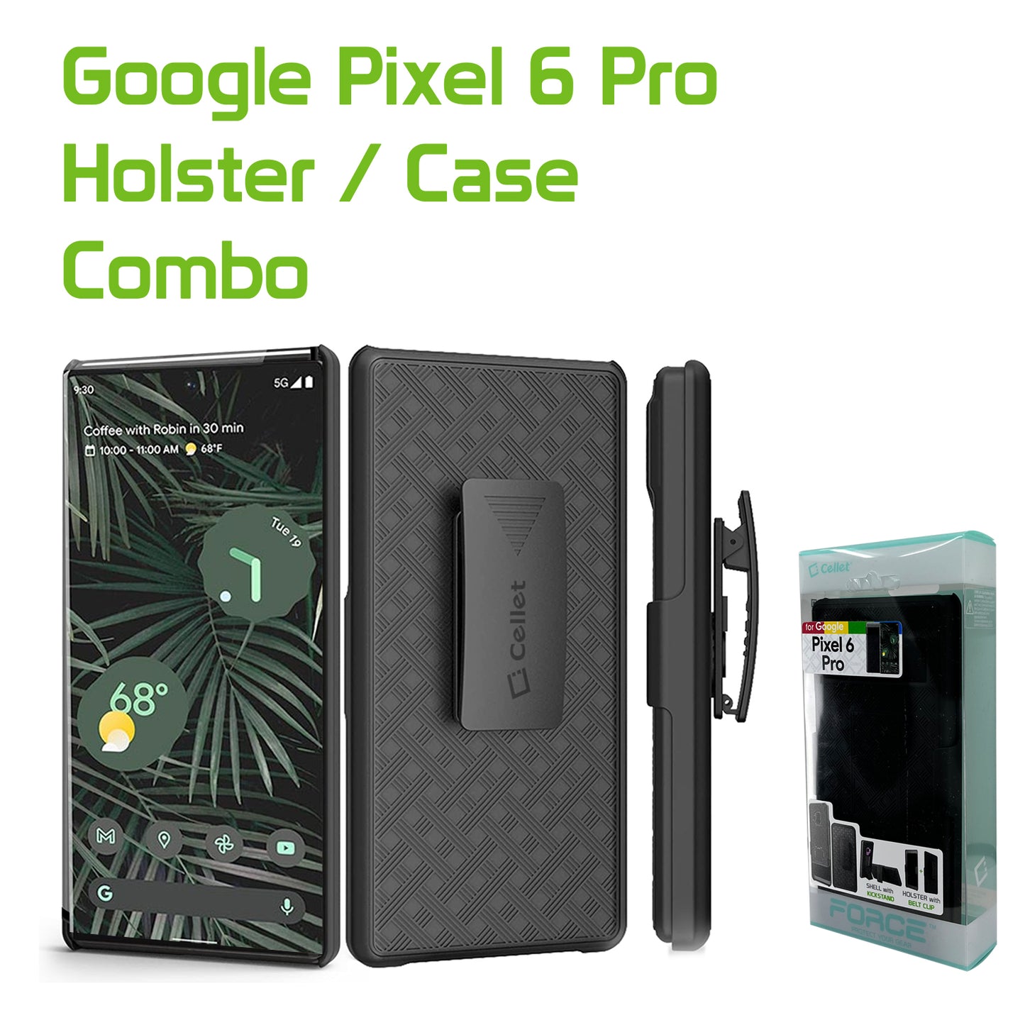 HLGOOPX6P-Pixel 6 Pro Holster, Shell Holster Kickstand Case with Spring Belt Clip for Google Pixel 6 Pro – Black – by Cellet