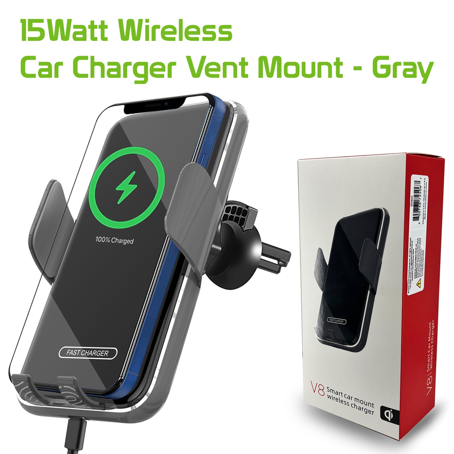 QIV8GY- Fast Wireless Charging 15 Watt Phone Holder Mount with Auto touch Release and Lock Cradle and 360 Degree Rotation for iPhones