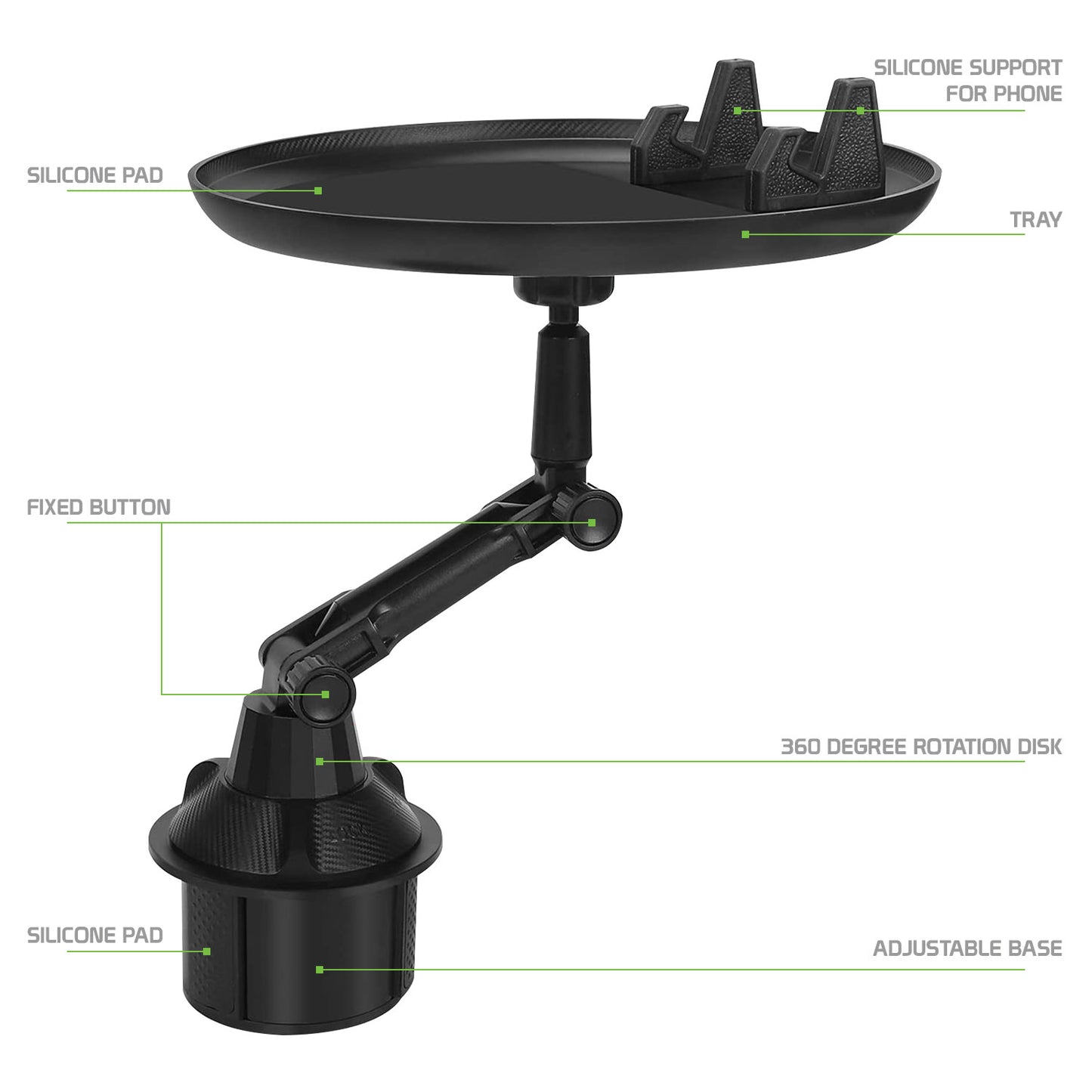 PHSK119 - Food Tray for Car Cup Holder with Phone Mount, 360 Degree Rotation and Non-Slip Matt for Cars, Boats, Golf Carts and More