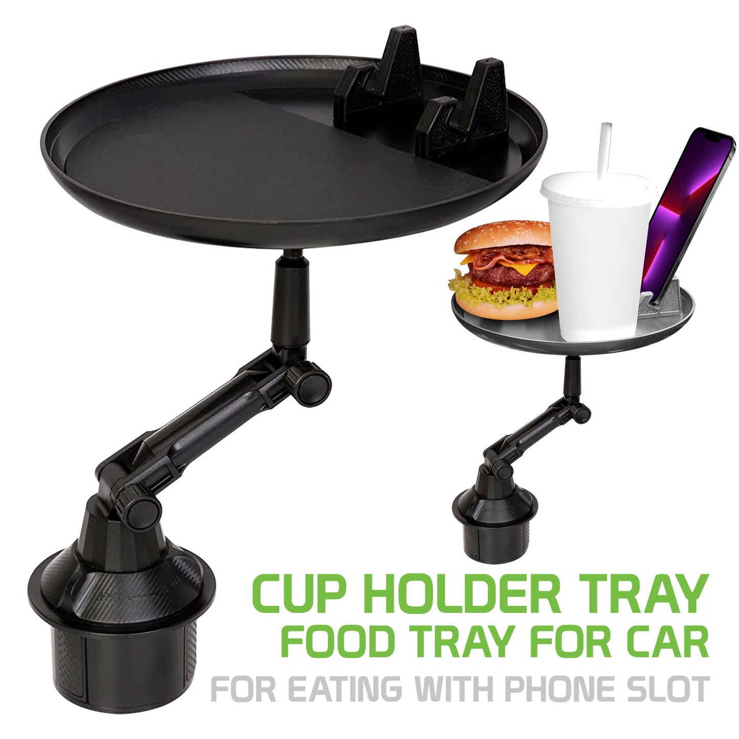 PHSK119 - Food Tray for Car Cup Holder with Phone Mount, 360 Degree Rotation and Non-Slip Matt for Cars, Boats, Golf Carts and More