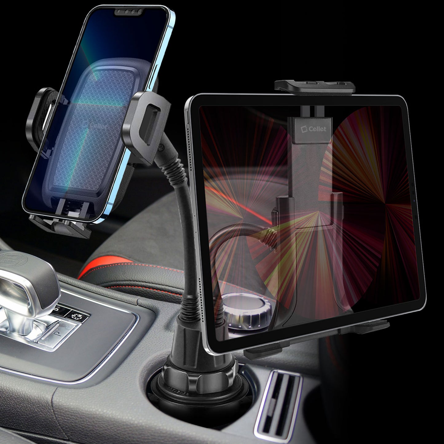 PH160 - Cup Holder Mount W/ 2 Cradles 1 for smartphone, and 1 for Tablet